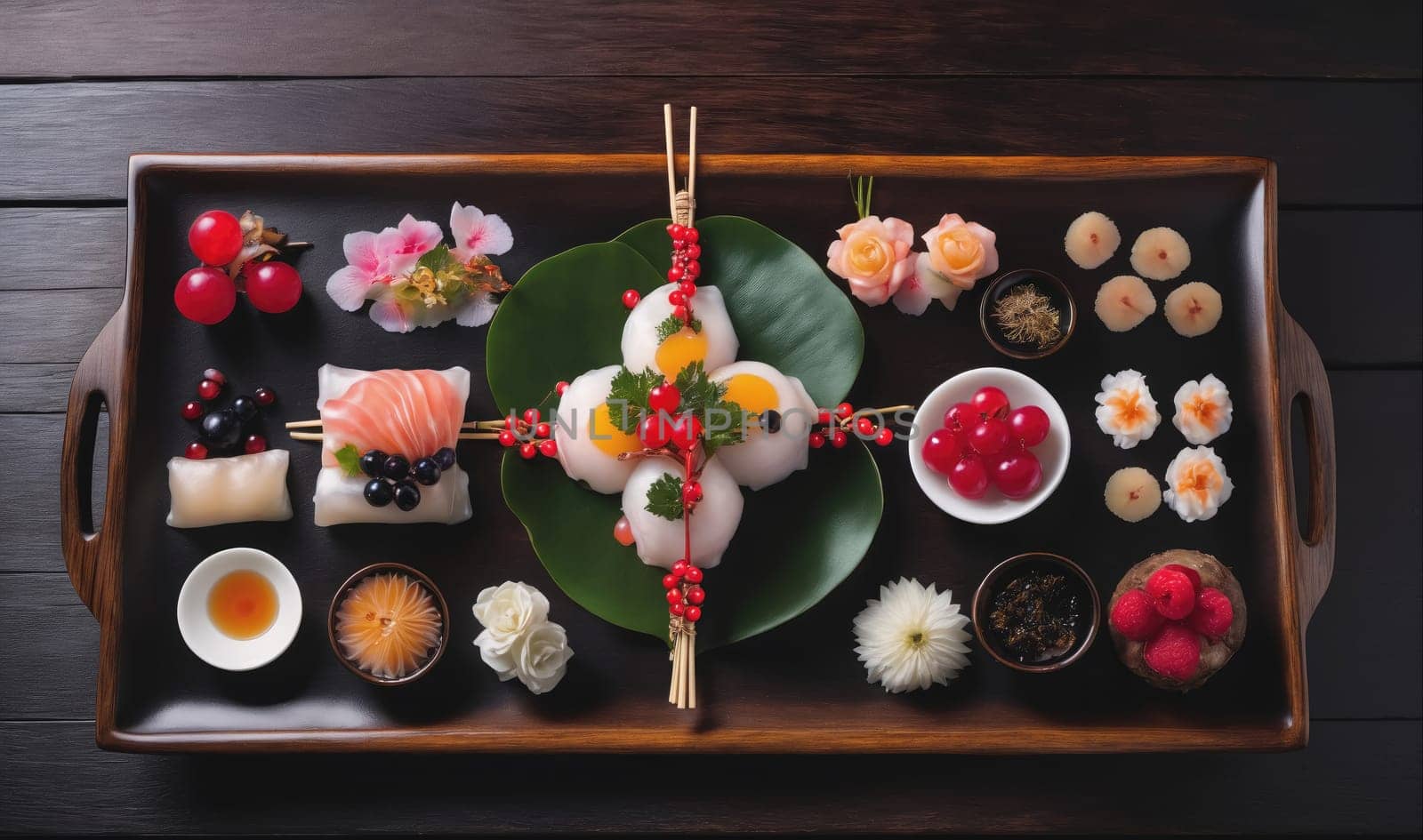 A wooden tray filled with various Japanese New Year's dishes. A green leaf sits in the center, on which four mochi, rice cakes, are arranged. The mochi are decorated with red berries and flowers. Other dishes include sweet red beans, dried shrimp, fish, and small cakes. The tray is also decorated with flowers.