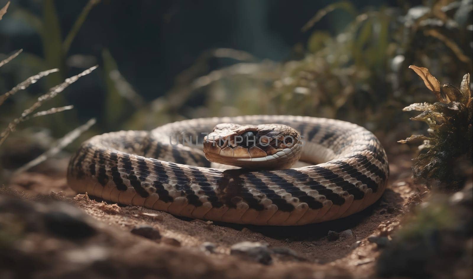 The image shows a snake coiled up on the ground in a forest setting. The snake has black and white stripes and is lying on a bed of dirt. There are various green plants and trees surrounding the snake.