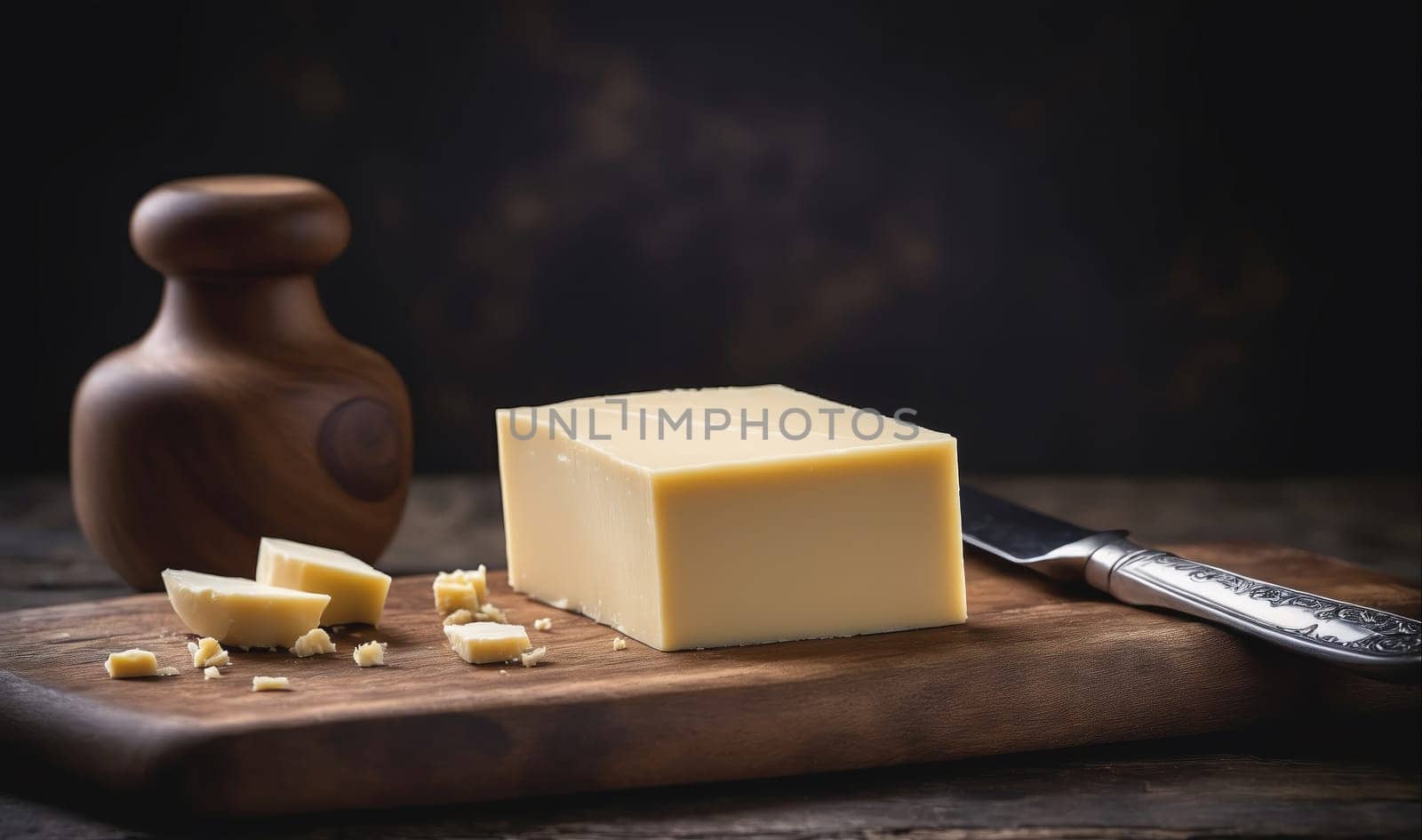 A block of butter is on a wooden cutting board. There is a butter knife lying on the board and pieces of butter nearby.