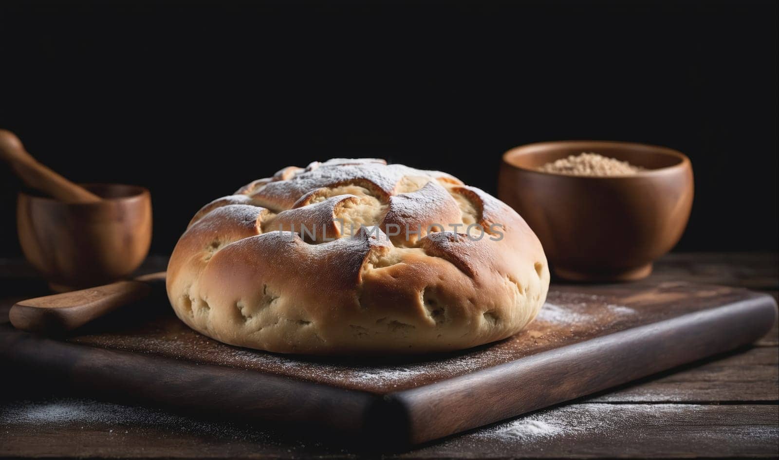A freshly baked loaf of bread, dusted with flour, sits on a wooden cutting board with a wooden bowl of flour behind it.