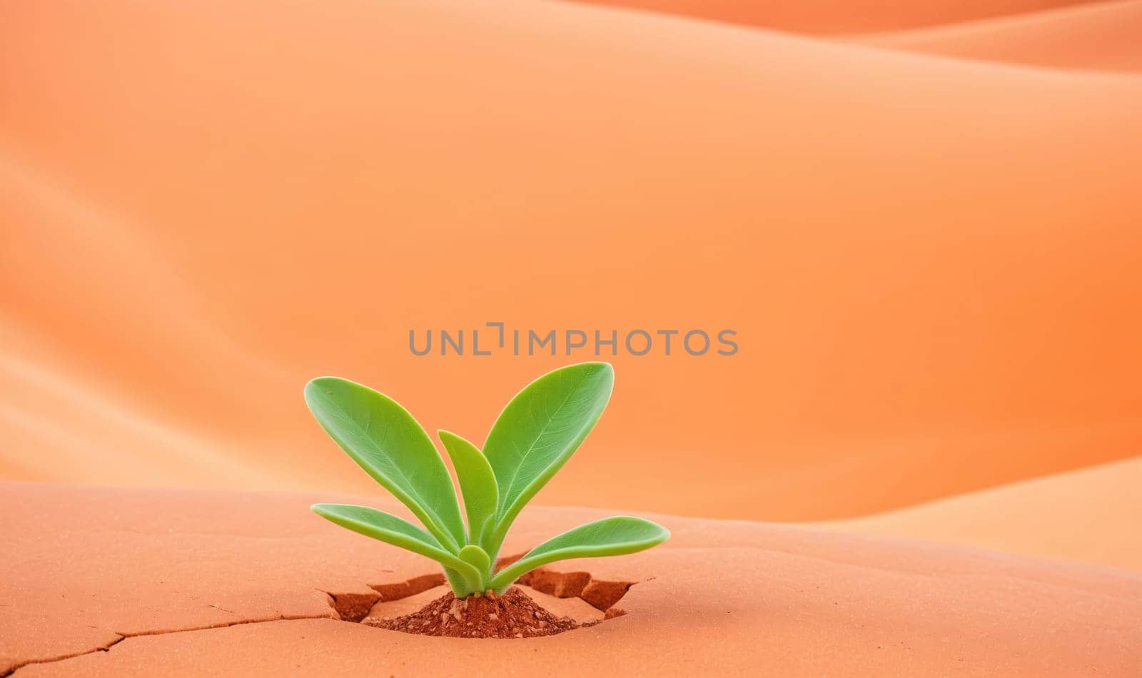 A single green plant grows out of the cracked, red-orange earth in a desert environment. The plant has five small green leaves. The background is a blur of red-orange sand dunes.