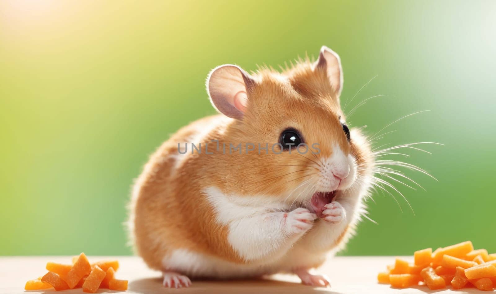 A small brown hamster with white patches is eating a treat. The hamster is sitting on a wooden surface with a pile of orange treats in front of it. The hamster's eyes are closed and it is chewing on the treat with its small mouth. The background is a blurred green and yellow.