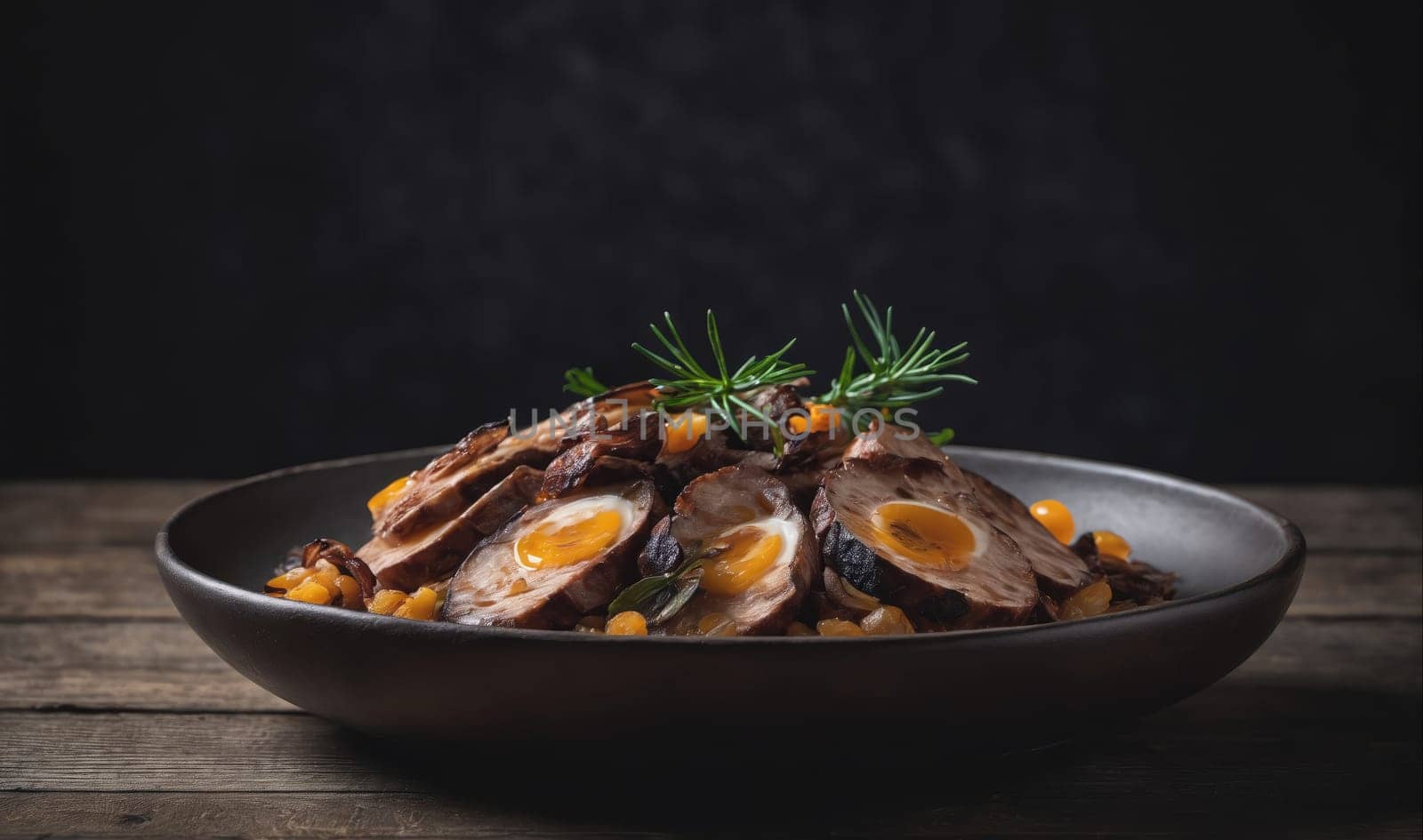 A dark plate containing a pile of browned meat, sliced and revealing bright yellow yolk, is sitting on a worn wooden table. There is a sprig of rosemary on top of the meat, and scattered throughout are small, round pieces of vegetables.