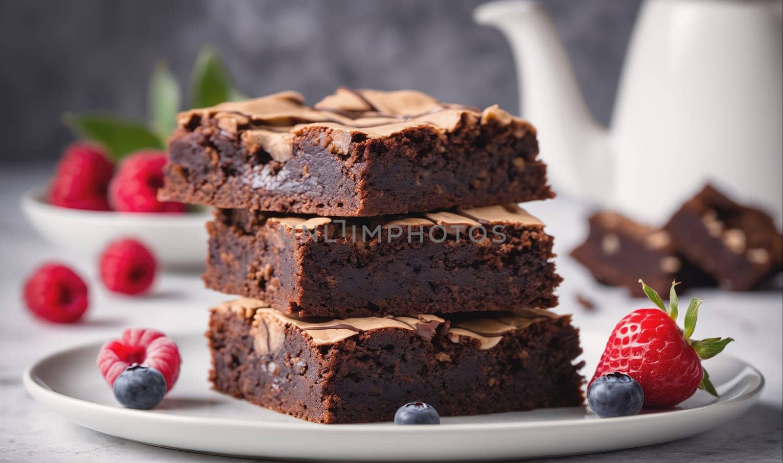 A stack of three chocolate brownies is arranged on a white plate. The brownies are a rich dark brown color and appear to have a fudgy texture. The plate is decorated with a single strawberry and a few blueberries. In the background, more brownies are visible, as well as a white teapot and a bowl of raspberries.