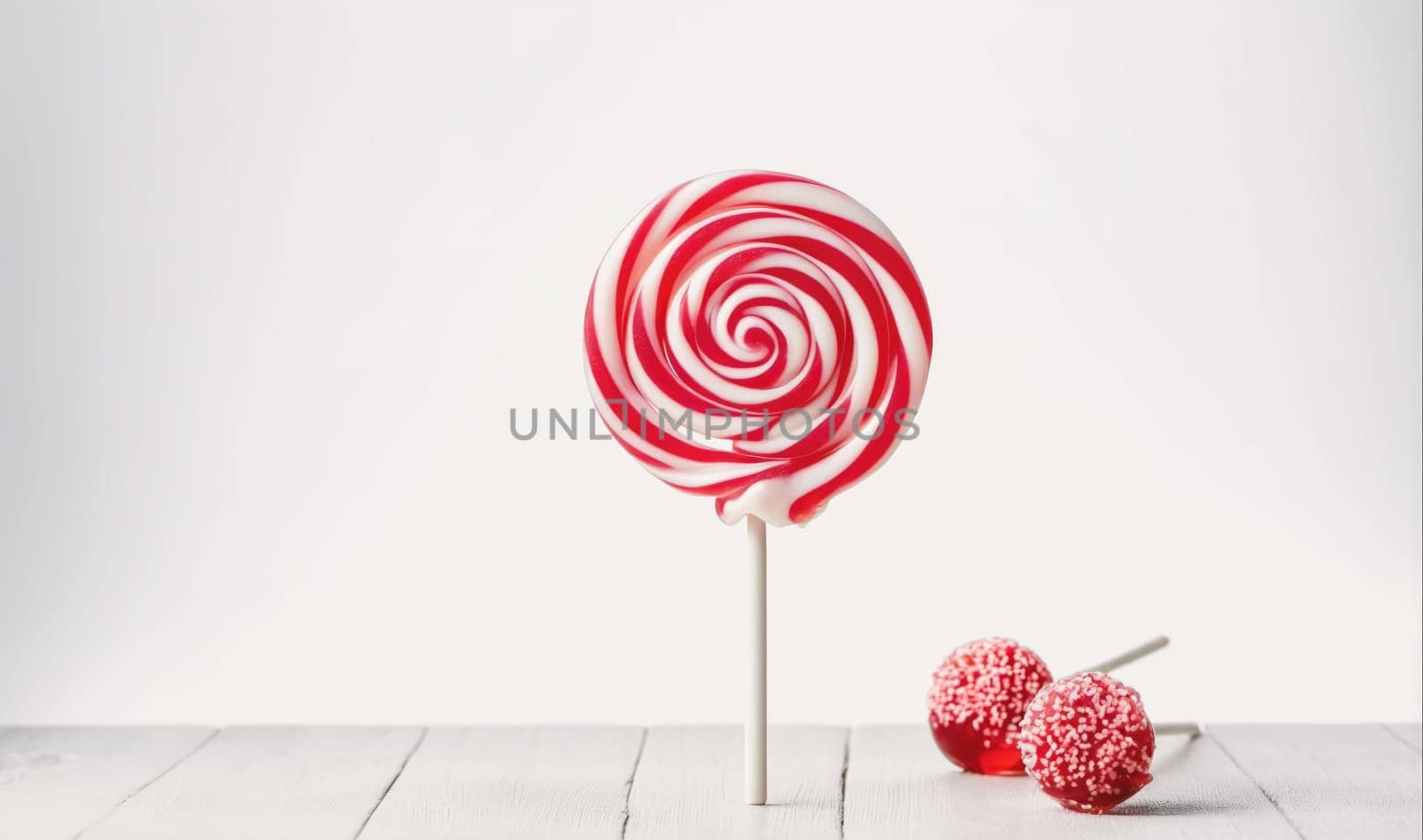 A large lollipop with red and white swirls stands upright on a white table. A pink triangle cast by a light source is behind it. Two smaller red lollipops with white sprinkles are laying on the table to the right of the larger lollipop. The background is a white wall.
