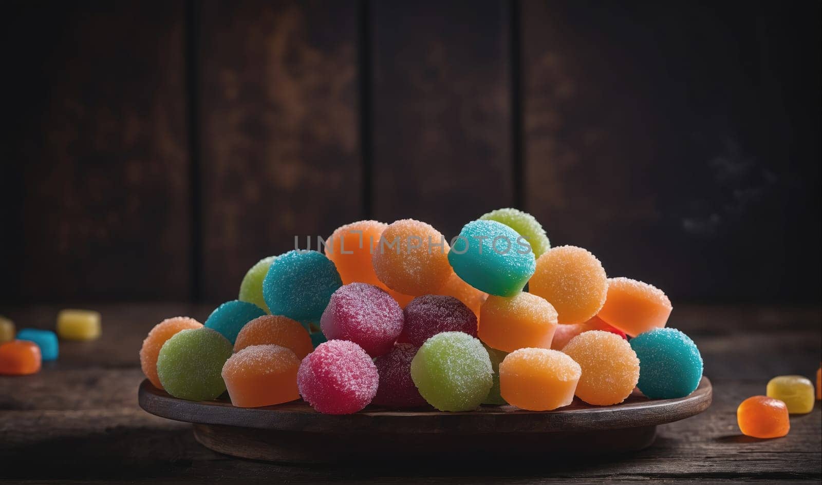 A pile of colorful gummies sits on a wooden table. The gummies are in a variety of colors, including orange, blue, green, and red. Some of the gummies are scattered on the table around the pile.