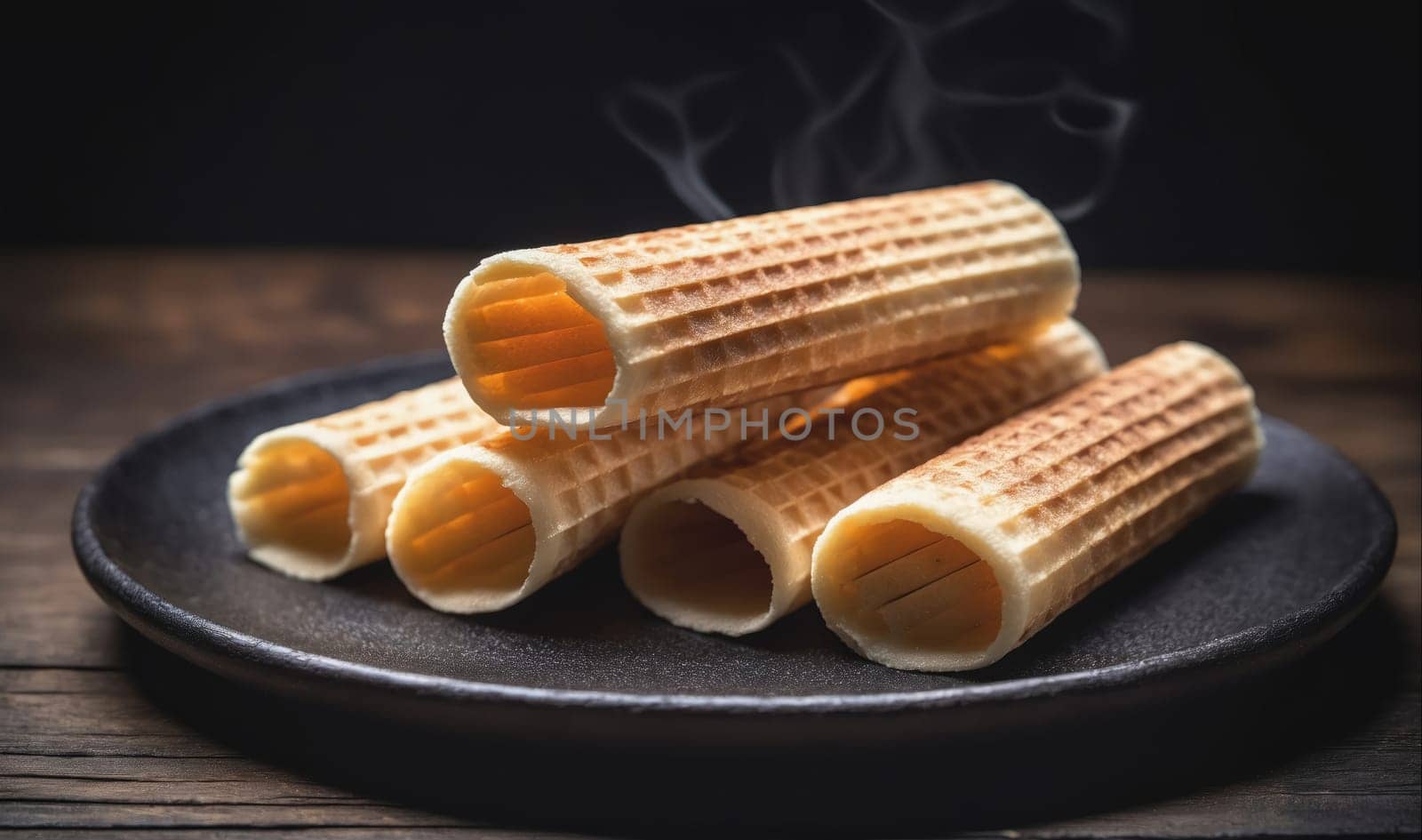 A stack of freshly baked waffle cones sits on a black plate. The cones are steaming and have a crispy texture. The plate is on a wooden table, which suggests the cones are ready to be filled with ice cream or other treats.