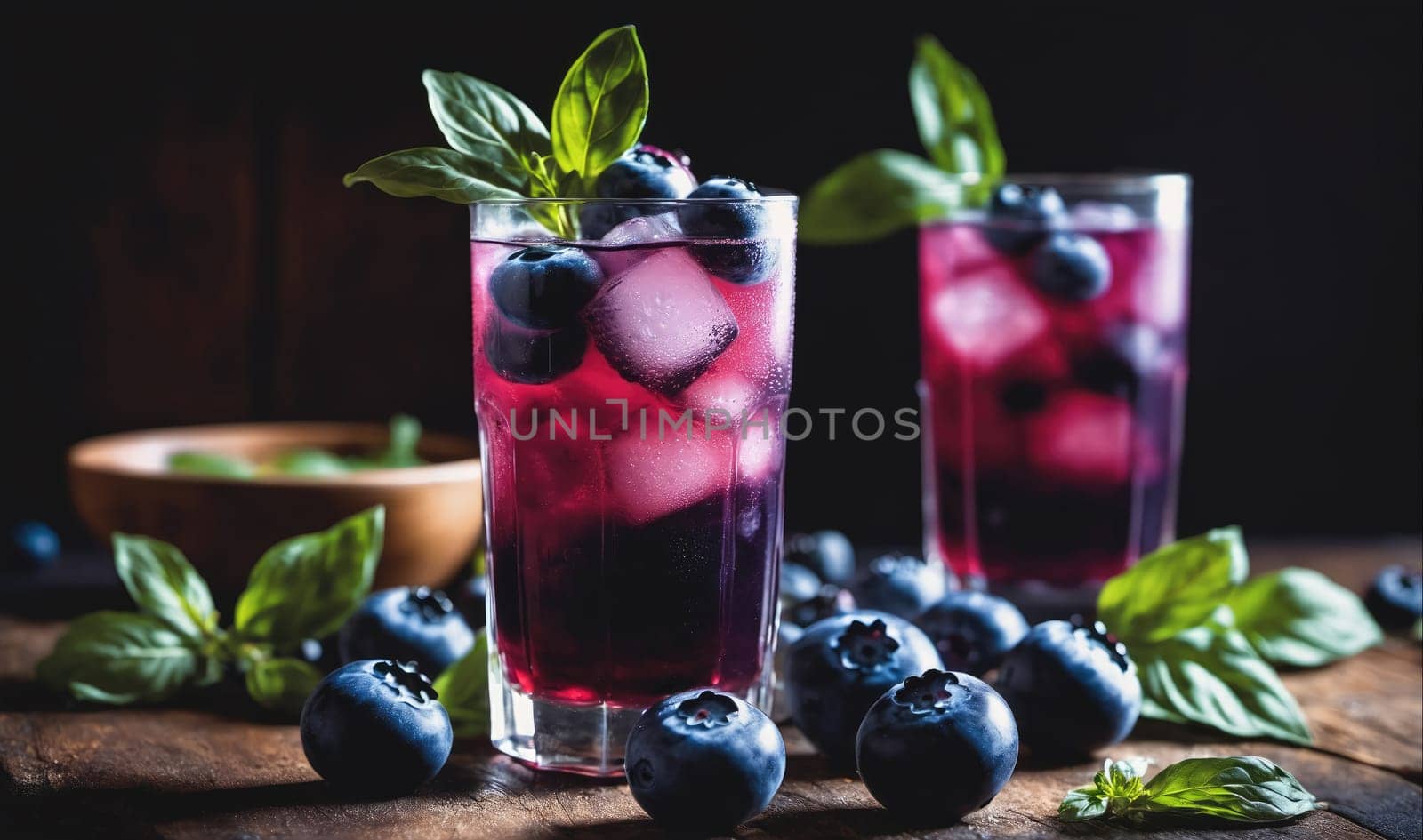 Two glasses of blueberry lemonade with ice and fresh basil garnish are sitting on a wooden table. Blueberries and basil leaves are scattered around the glasses.