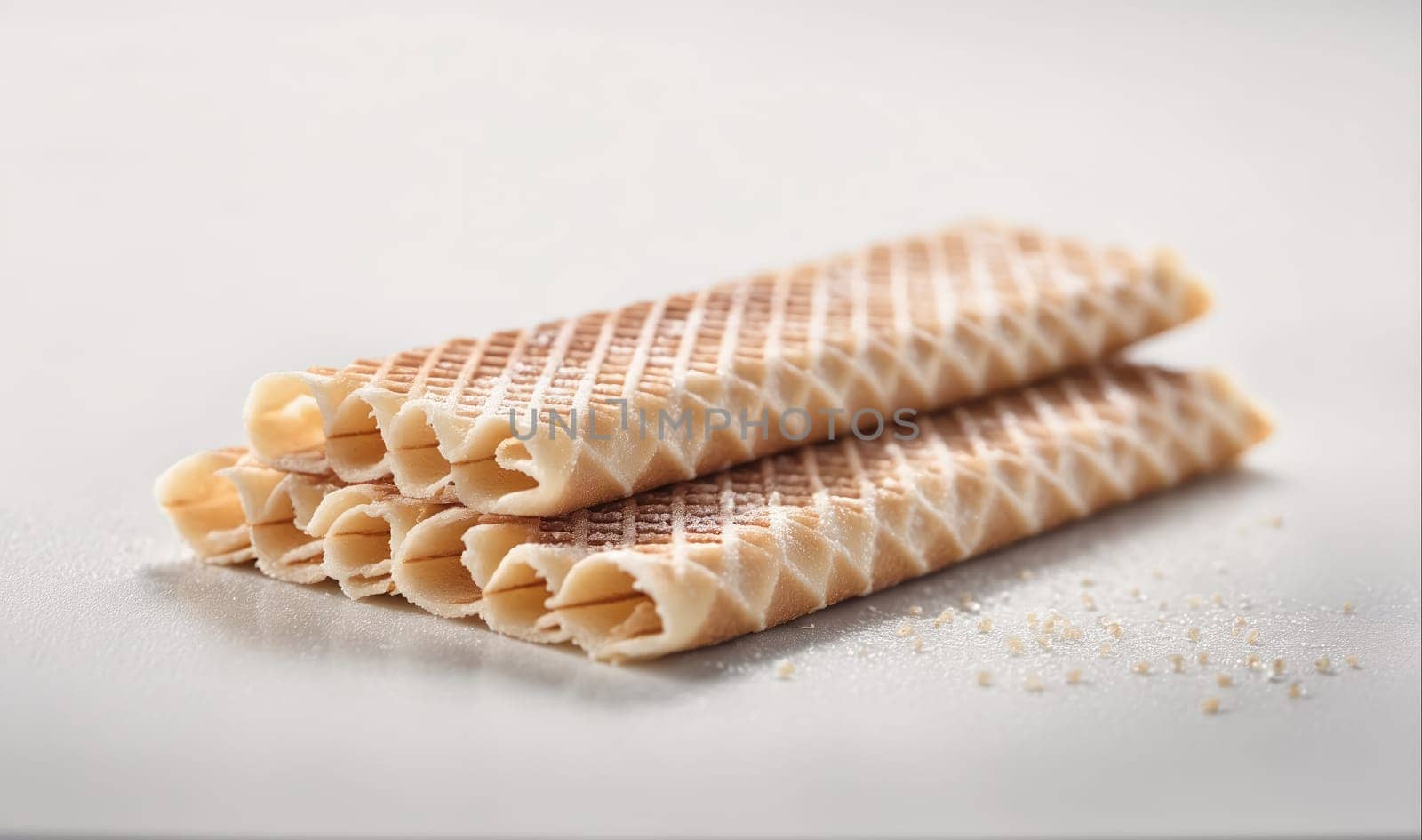 Stacked waffle cookies on a white surface with some crumbs. The cookies are thin and have a waffle pattern on them.