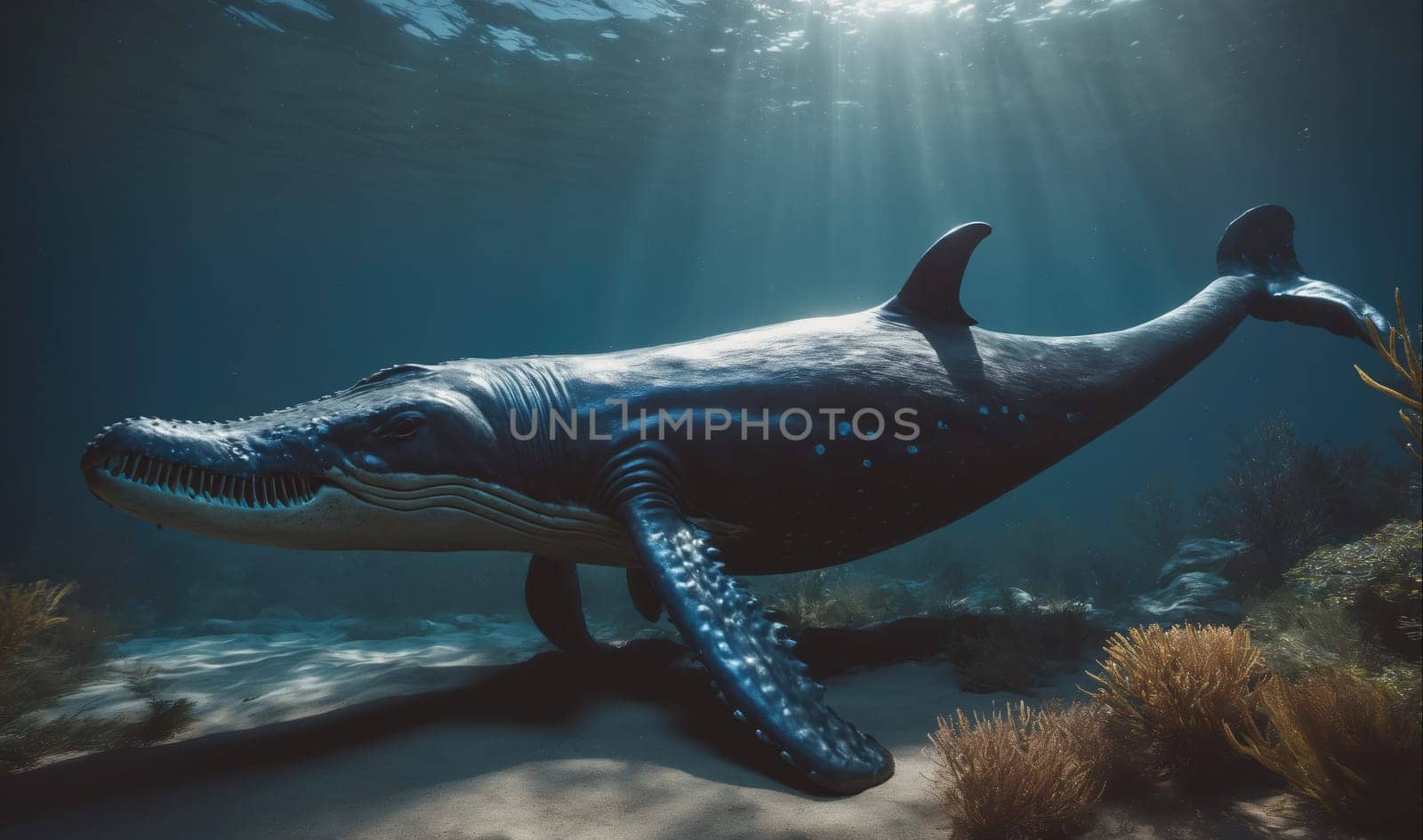 A prehistoric whale with a crocodile-like head swims through the ocean. The water is clear and the sun shines through from above. The whale has a large dorsal fin and a long tail. The ocean floor is sandy and there are some coral reefs in the background.