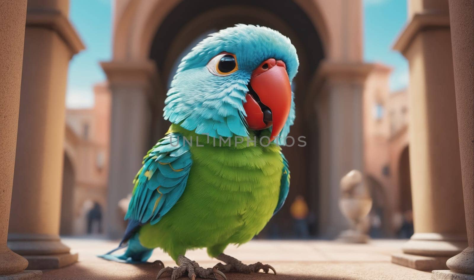 A blue and green parrot stands on a stone surface, looking to the right, against the backdrop of a stone building with arches. The parrot's head is tilted to the side, and its feathers are ruffled. The background is out of focus, suggesting that the parrot is in a courtyard or other outdoor setting. The parrot's bright colors stand out against the muted tones of the building.