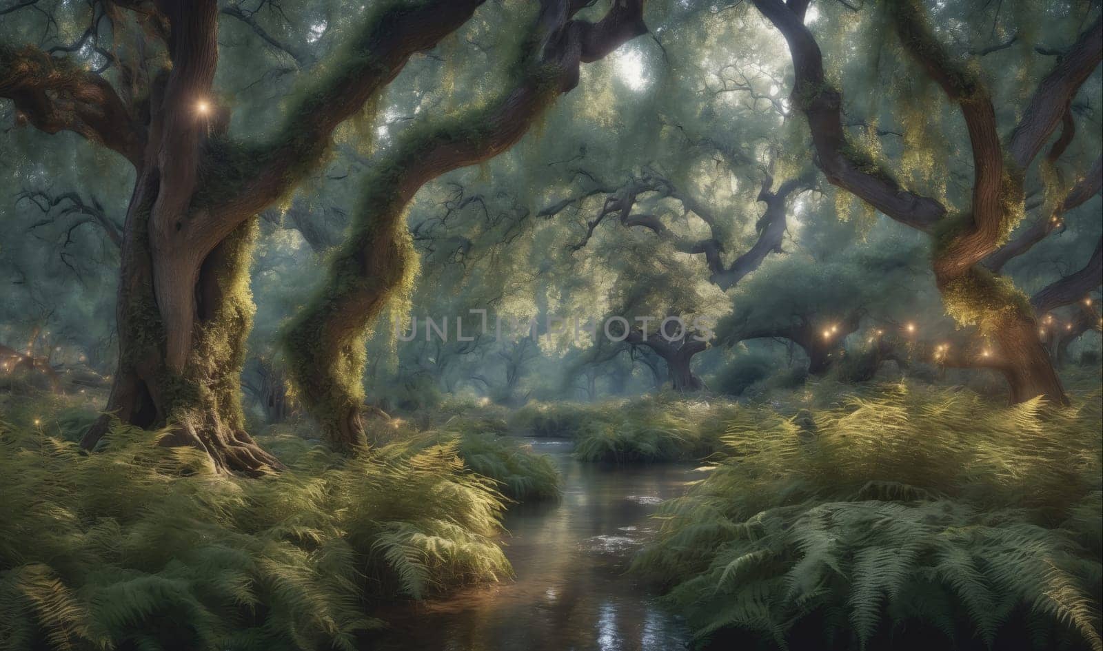 The image shows a winding stream flowing through a thick forest. Sunlight filters through the leaves of the tall trees, creating a dappled effect on the ground. The air is filled with mist, adding to the mystical atmosphere. There is a sense of peace and tranquility in the scene.