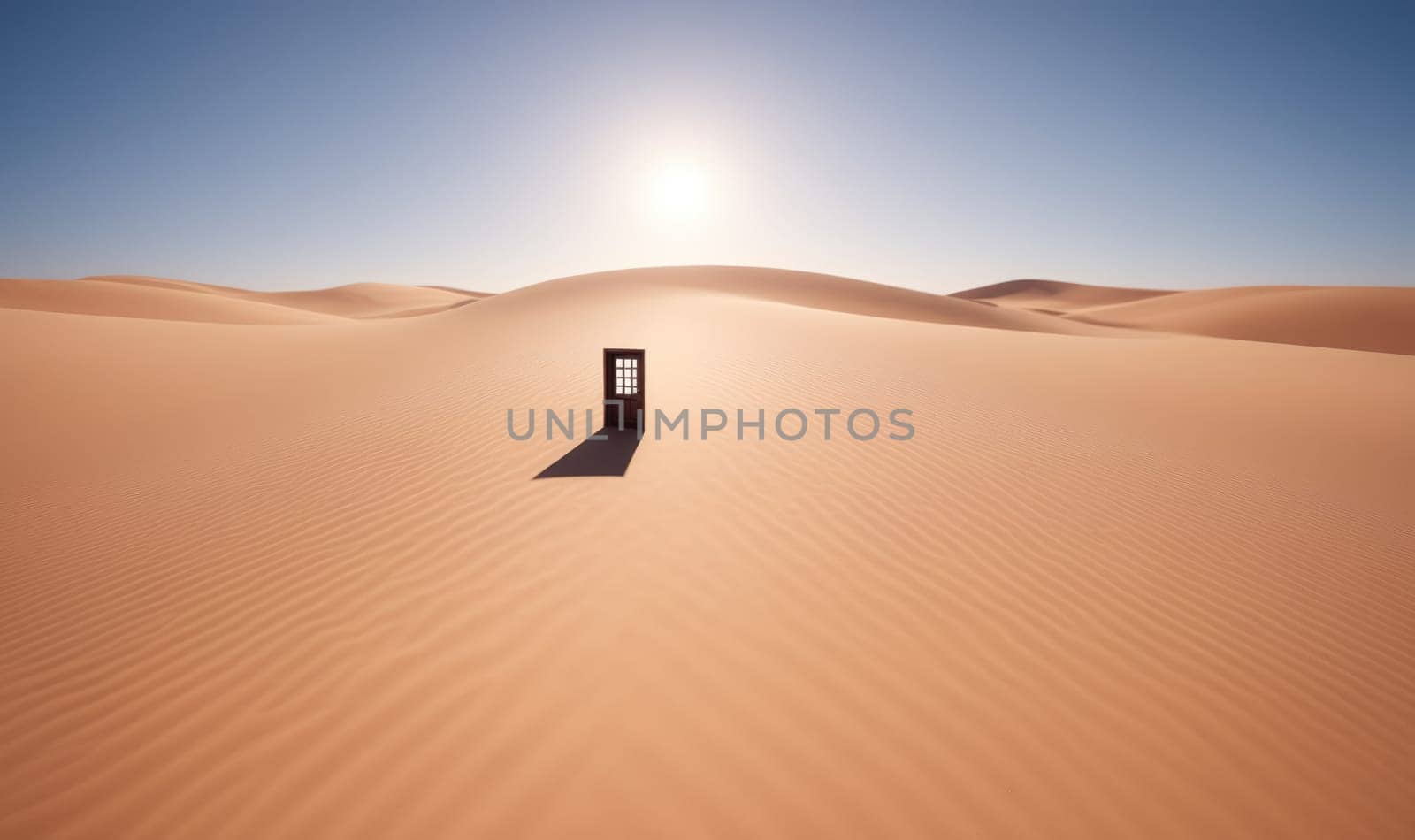 The image shows a single door standing alone in the middle of a desert landscape under a bright, white sun in a clear blue sky. The desert is covered in soft, brown sand dunes that stretch out in all directions. The door is a simple, black silhouette with a single window in the middle. Its long shadow stretches out in front of it across the sand.