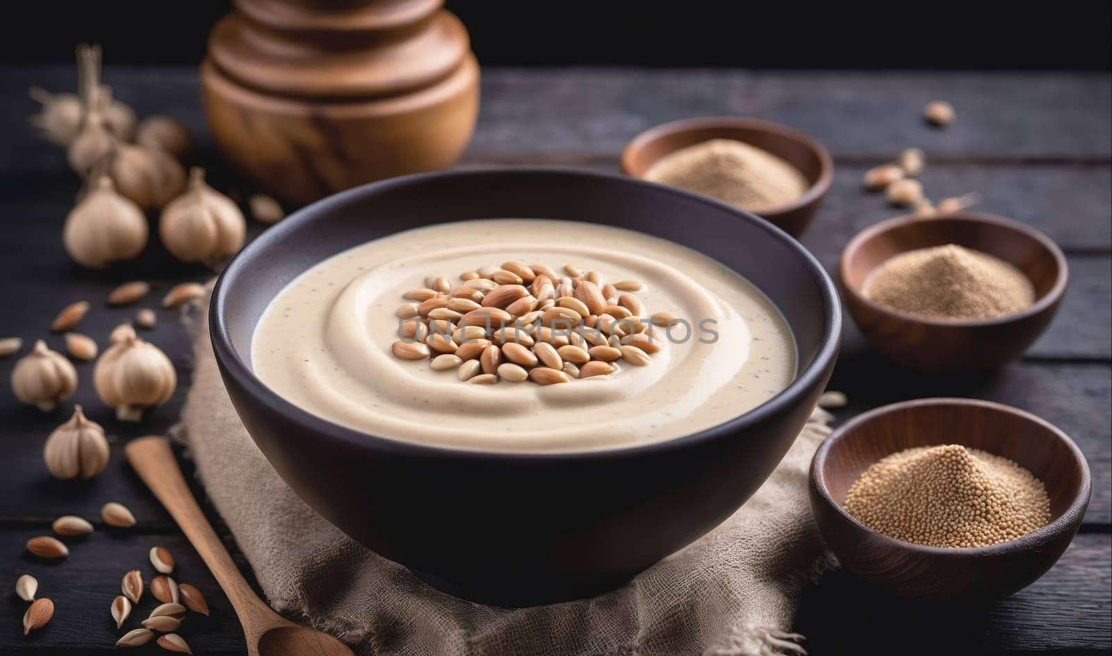 A bowl of creamy hummus topped with seeds sits on a burlap napkin on a wooden table. There are a few more bowls of seeds and a wooden container in the background.
