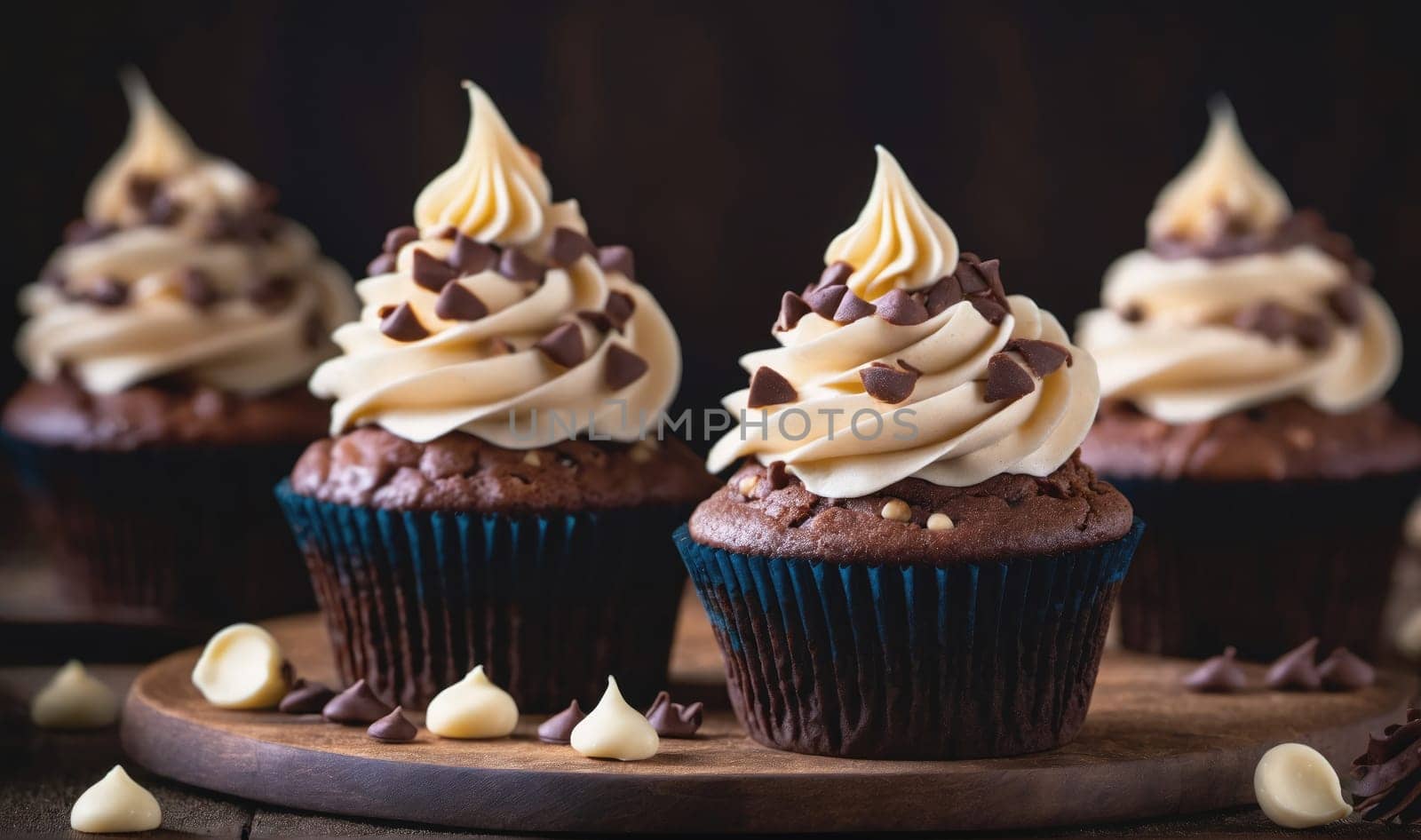 A close-up view of three chocolate cupcakes with vanilla frosting and chocolate chips on a wooden board. The cupcakes are in focus, and the background is blurred.