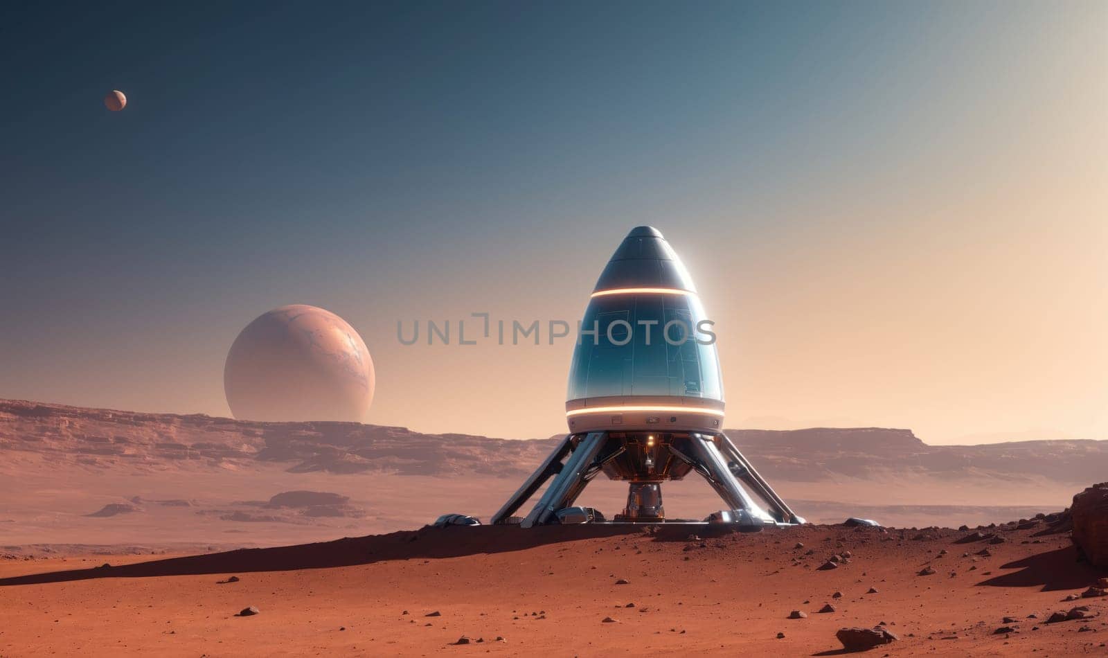 A futuristic spacecraft is sitting on a red planet, likely Mars, under a sky with two moons. The spacecraft has a silver, egg-shaped body with a glowing blue ring around the middle. Its legs are extended, and it is resting on the red sand.