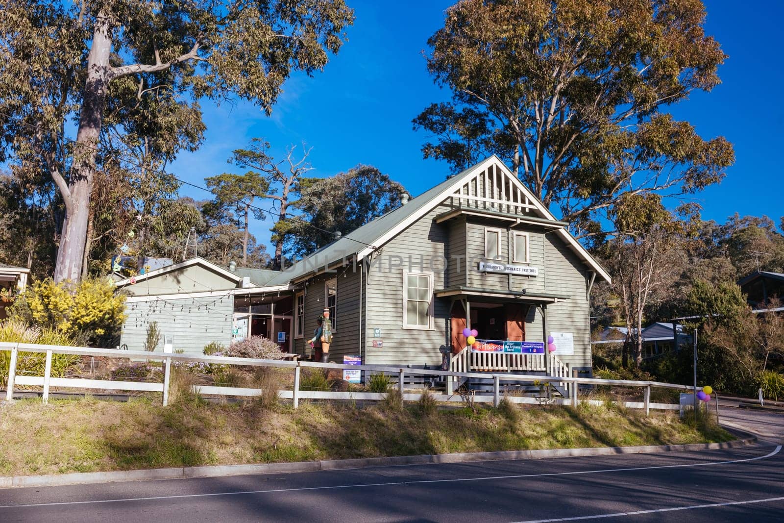 WARRANDYTE, AUSTRALIA - AUGUST 11 2024: Warrandyte Mechanics' Institute in the quaint tourist country town of Warrandyte on a winter's day in Victoria, Australia
