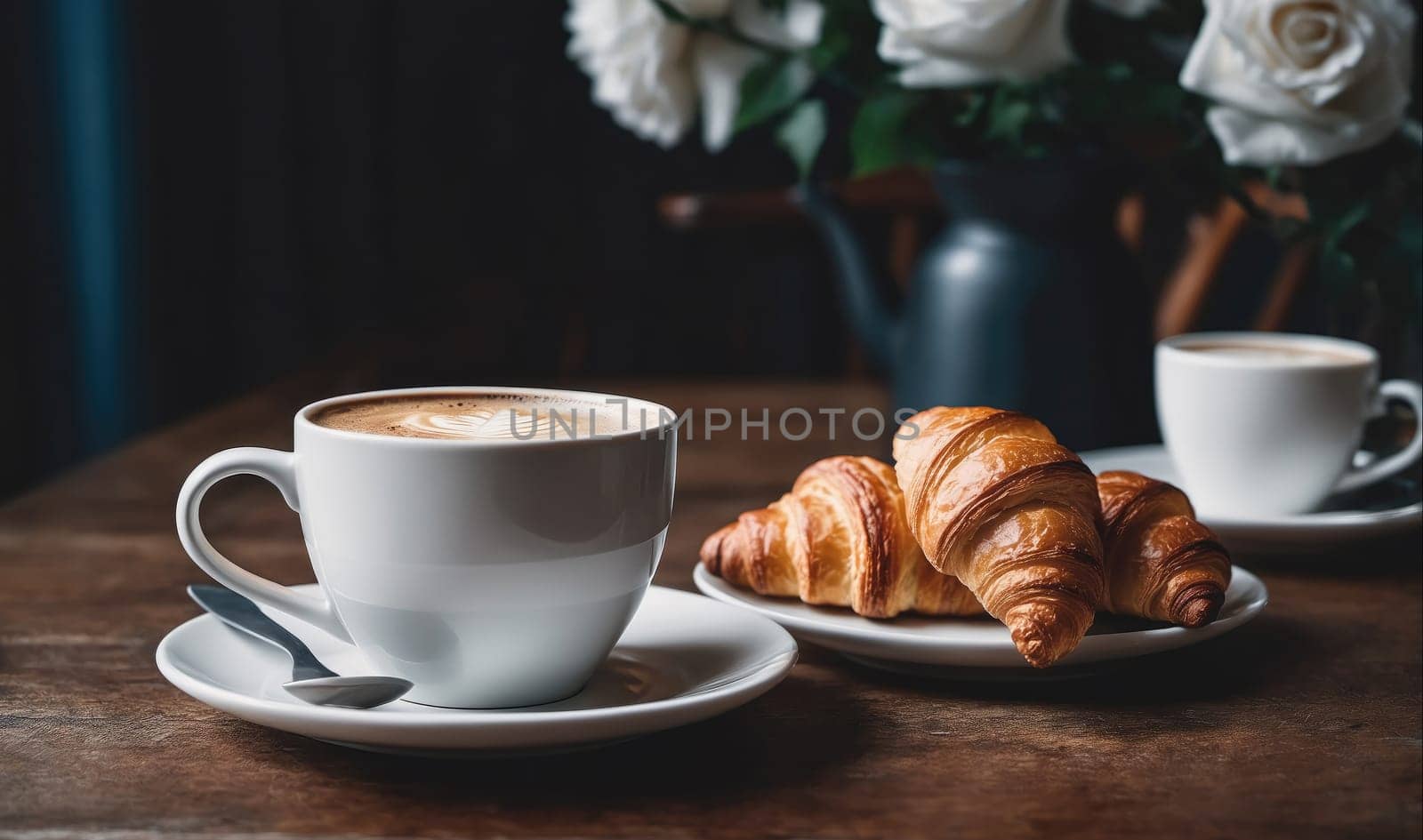 A cup of coffee with latte art on a white saucer sits on a wooden table. Three croissants are arranged on a white plate next to the coffee. The croissants are partially hidden by the coffee cup and saucer. The table is dark and wooden and there are white roses in a vase in the background.