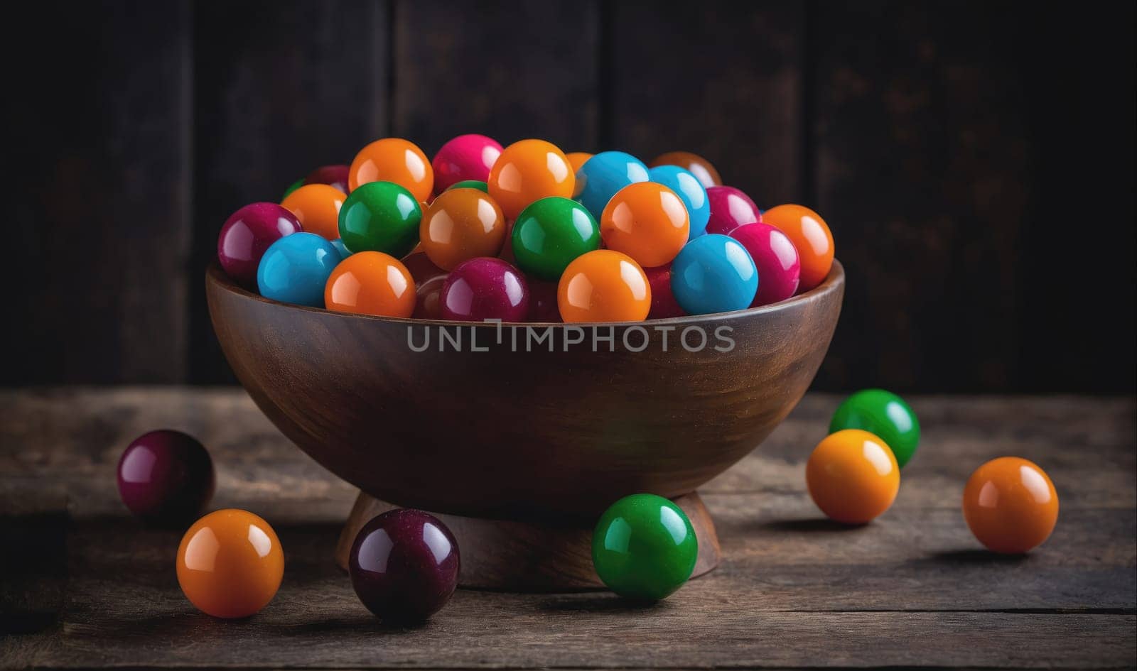 A bowl of colorful gumballs is overflowing onto a rustic wooden table. The bowl is brown, wooden, and round. A few gumballs have fallen out of the bowl and rest on the table around it. The gumballs are various colors, including orange, blue, red, green, and purple. The background is dark and blurry, emphasizing the bright colors of the gumballs.