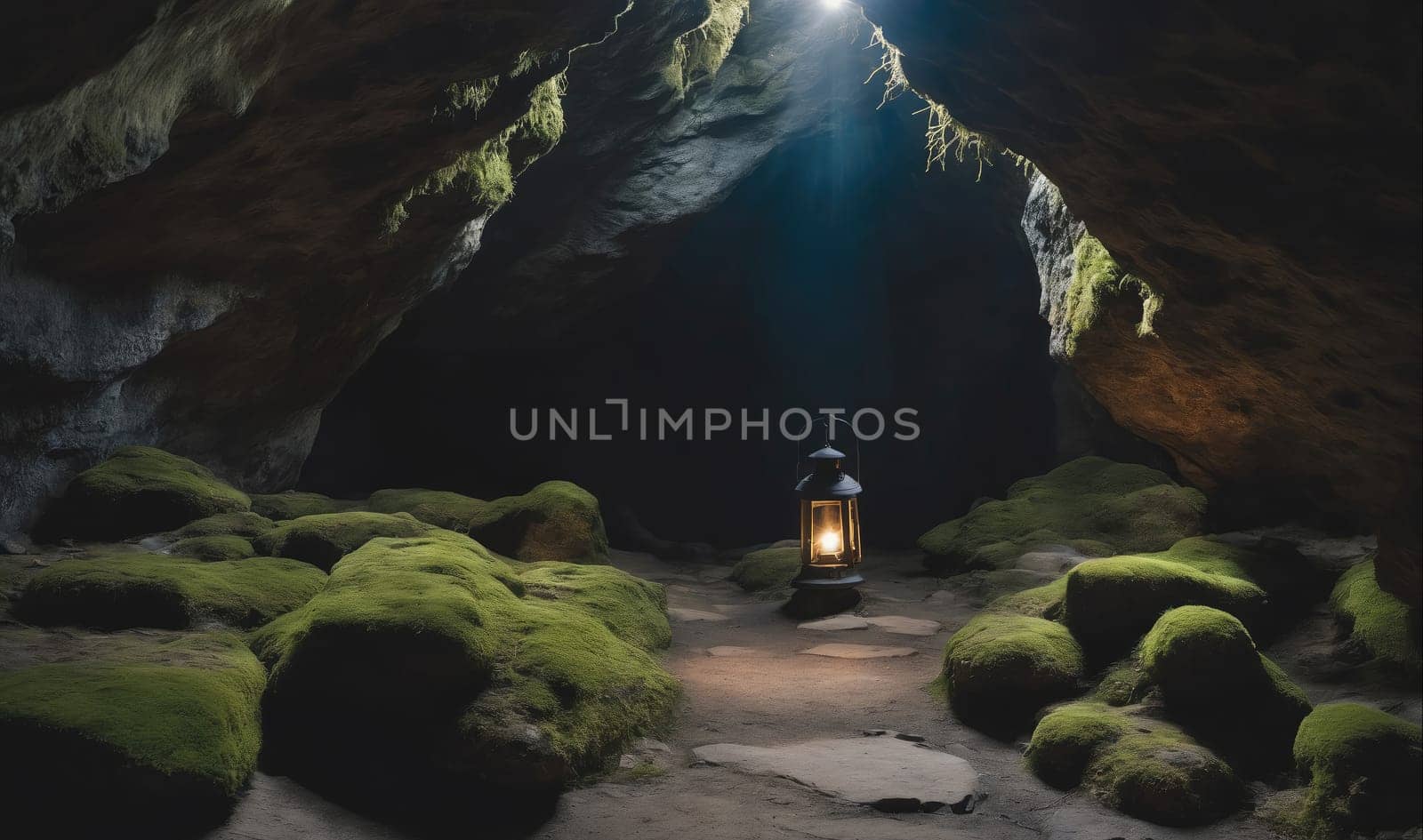 A lantern sits on a pathway of rocks covered in moss, illuminated by sunlight streaming through the opening of a cave. The lantern casts a warm glow on the surrounding rocks.