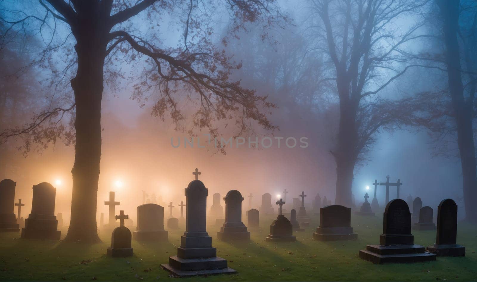 The image shows a graveyard with headstones and trees visible through the mist at dusk. The headstones have crosses on top and are lit by lamps. The trees are tall and bare and the ground is covered in grass. The image is dark and moody, creating a sense of mystery.