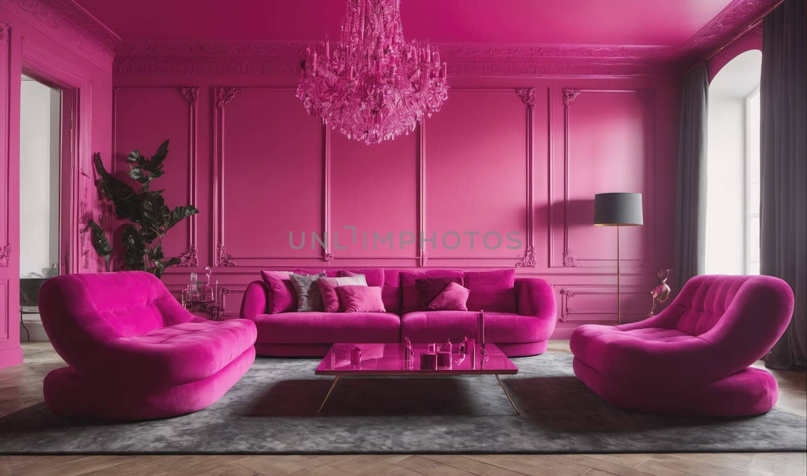 A pink living room with a large sofa, two chairs, and a coffee table. The walls are painted a vibrant pink, and the furniture is upholstered in the same shade of pink. A crystal chandelier hangs from the ceiling. The room also features floor-to-ceiling windows and a large rug.