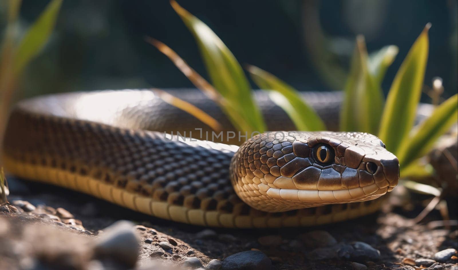 A snake with brown and black scales lies curled up on the forest floor. A patch of green vegetation sits behind it in the blurry background. The snake's large eye looks directly at the camera.