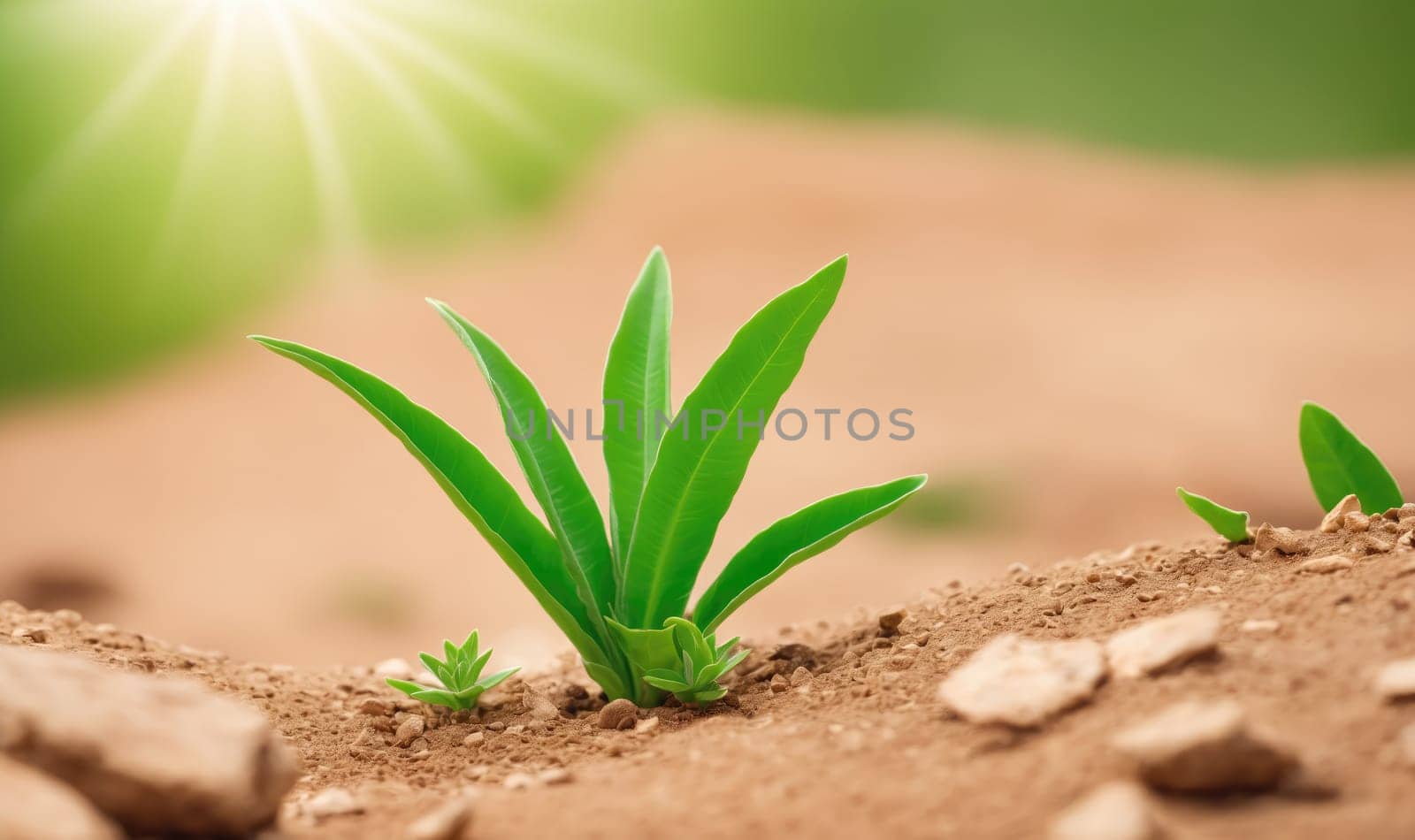 A single plant with green leaves grows in brown dirt with the sun shining down on it. The plant is in the foreground, with the sun shining brightly behind it.