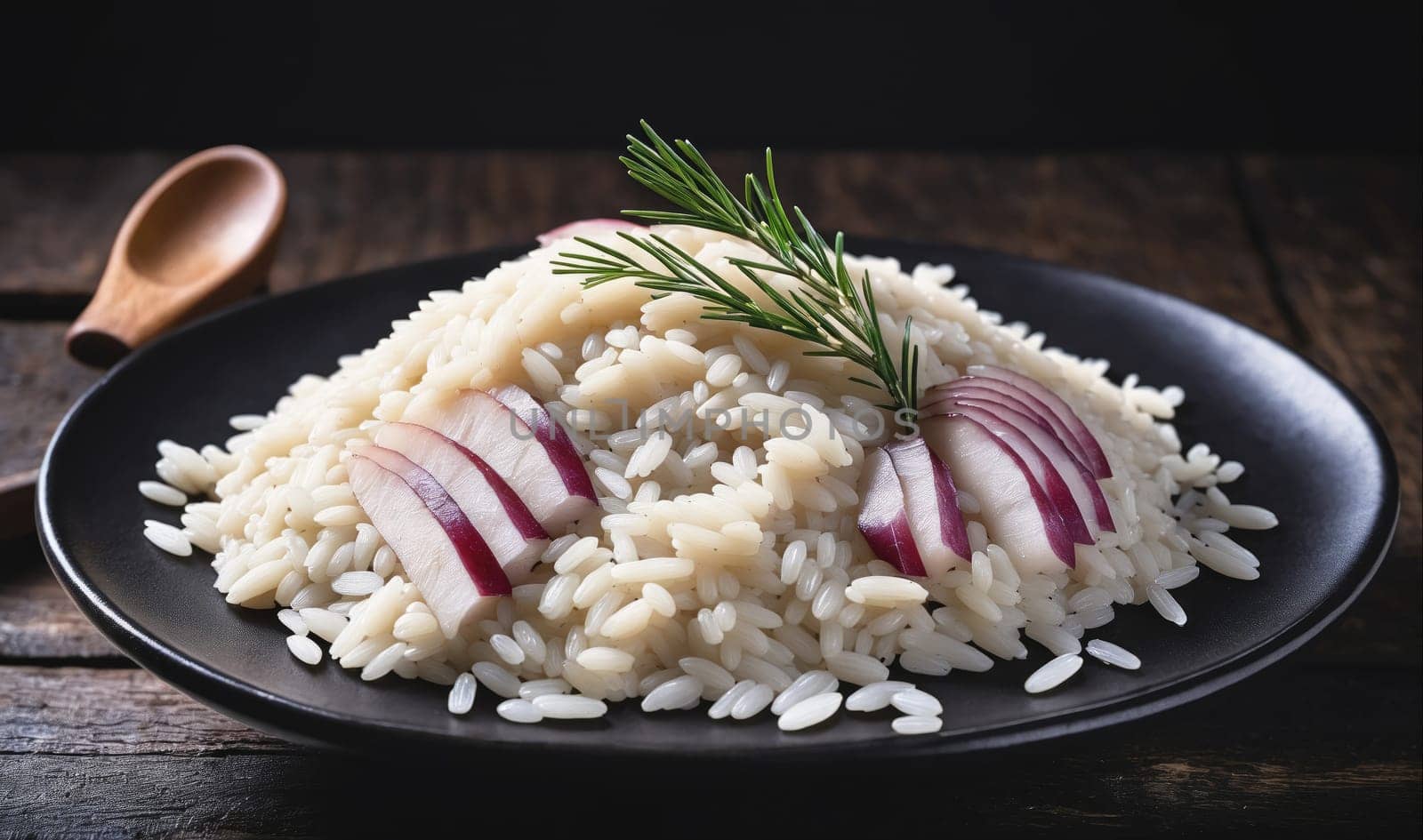 This is a close-up photo of a plate of white rice with red onion and rosemary garnish. The rice is on a black plate and the plate is sitting on a wooden table.