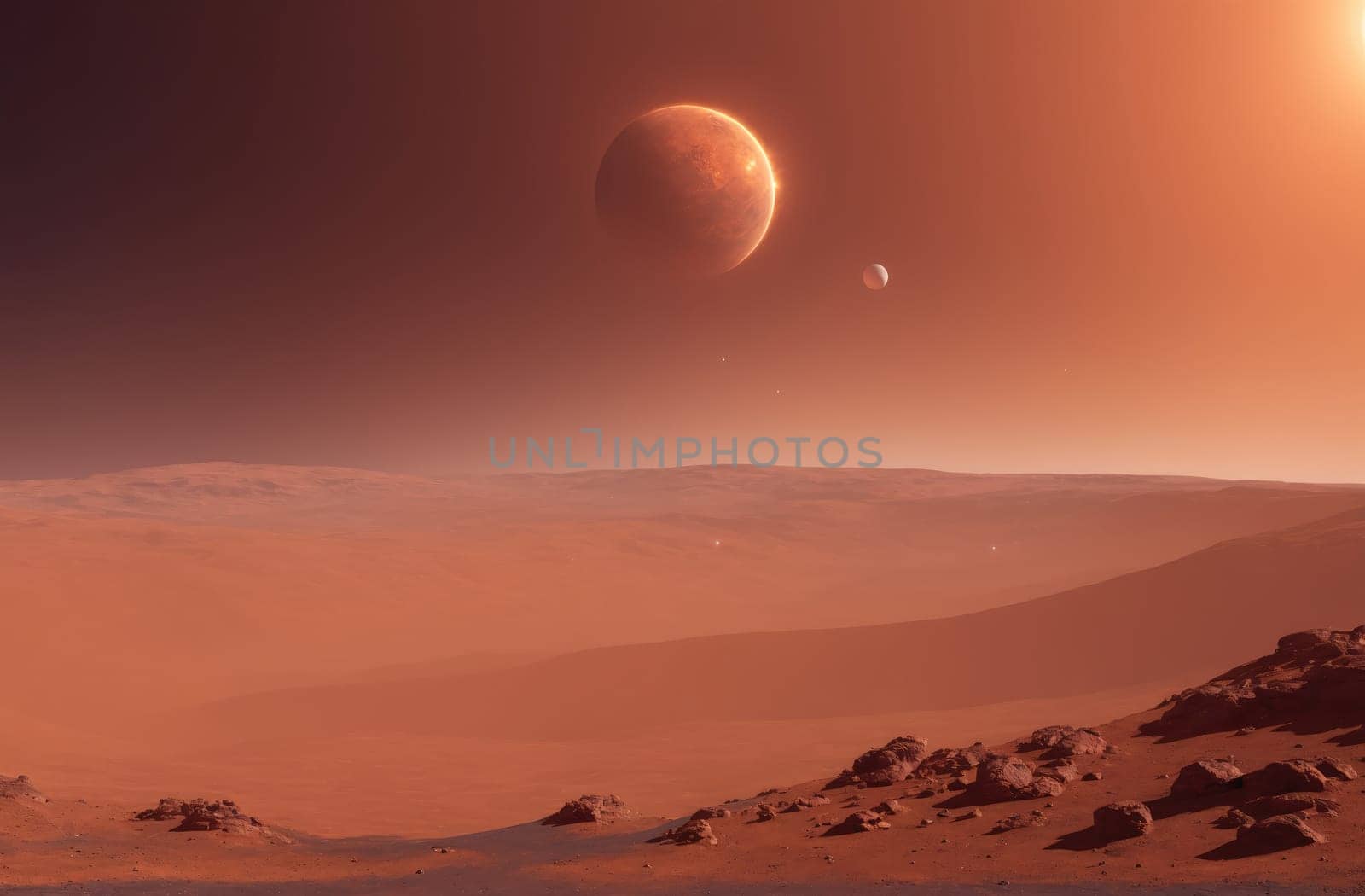 This is a digital illustration of the red planet Mars. The image shows a red, rocky landscape with a crescent-shaped moon and a smaller, round moon in the sky. The sky is a deep red color and the horizon is a hazy red.