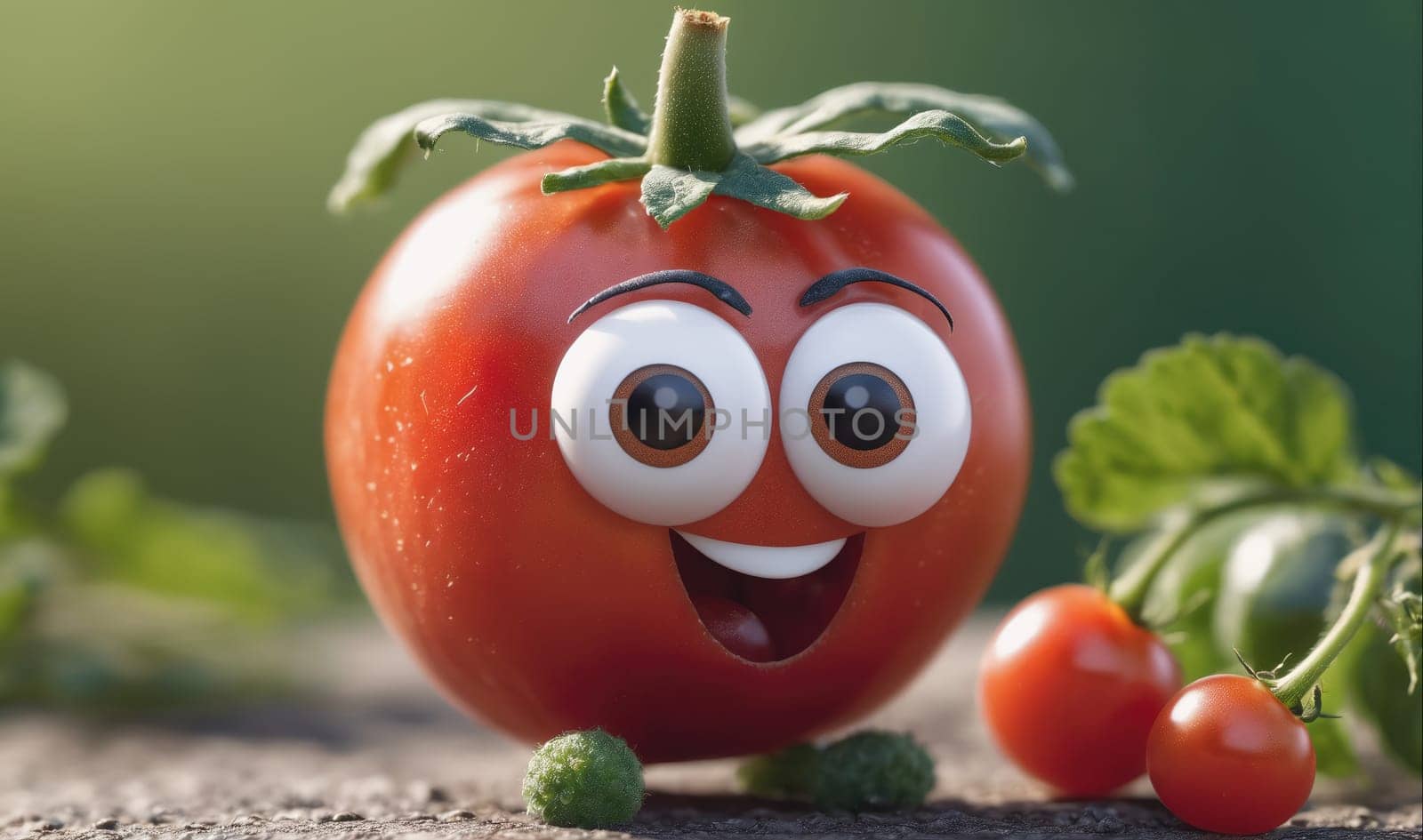 A red tomato with googly eyes is smiling in a garden setting. The tomato is surrounded by green leaves and is positioned in front of two smaller tomatoes on a vine. The scene is cheerful and playful.