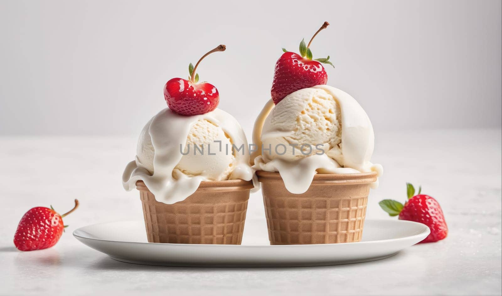 Two scoops of vanilla ice cream in waffle cones are topped with strawberries and are sitting on a white plate against a white background.