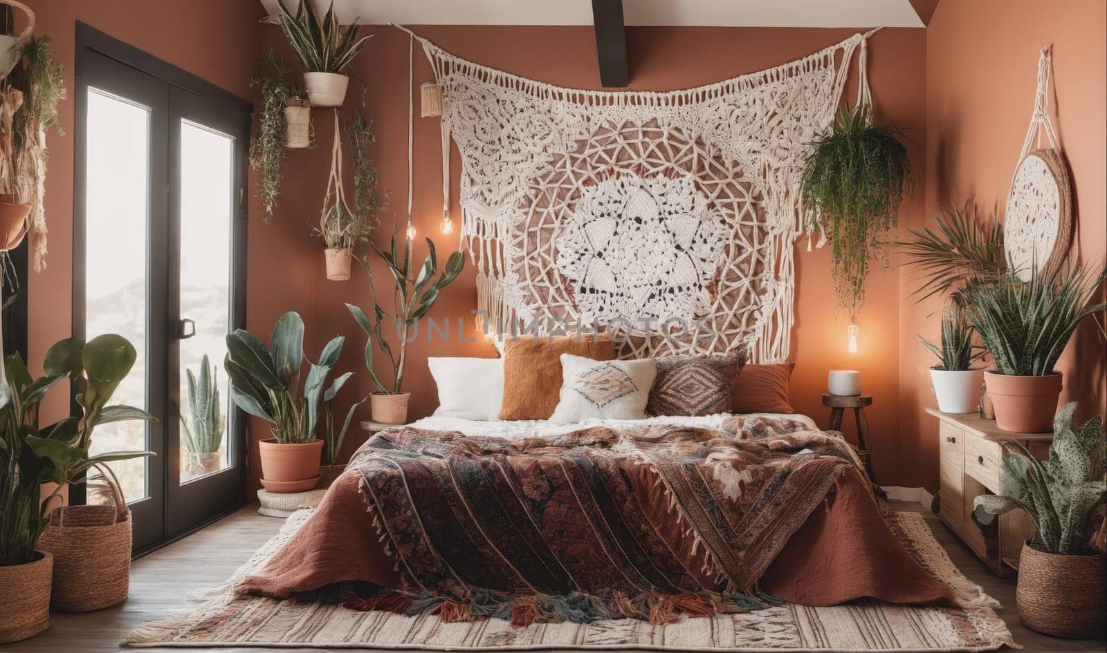 The bedroom is decorated in a boho style with plants, macrame, and warm lighting. The bed is unmade and features a patterned throw blanket. There are plants in the room, including a large potted plant in the corner and several hanging plants. There is also a macrame wall hanging above the bed and a small side table with a candle on it. The room has terracotta walls and warm lighting.
