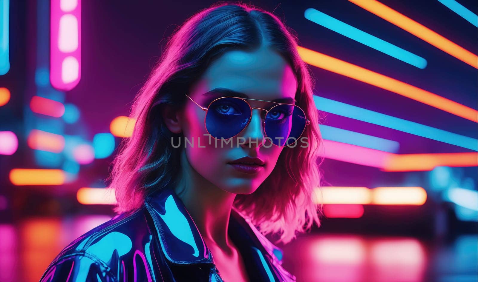 A woman with short, wavy hair is standing in front of a wall of neon lights that are pink, blue, and orange. The woman is wearing a leather jacket, sunglasses, and has a serious expression on her face.