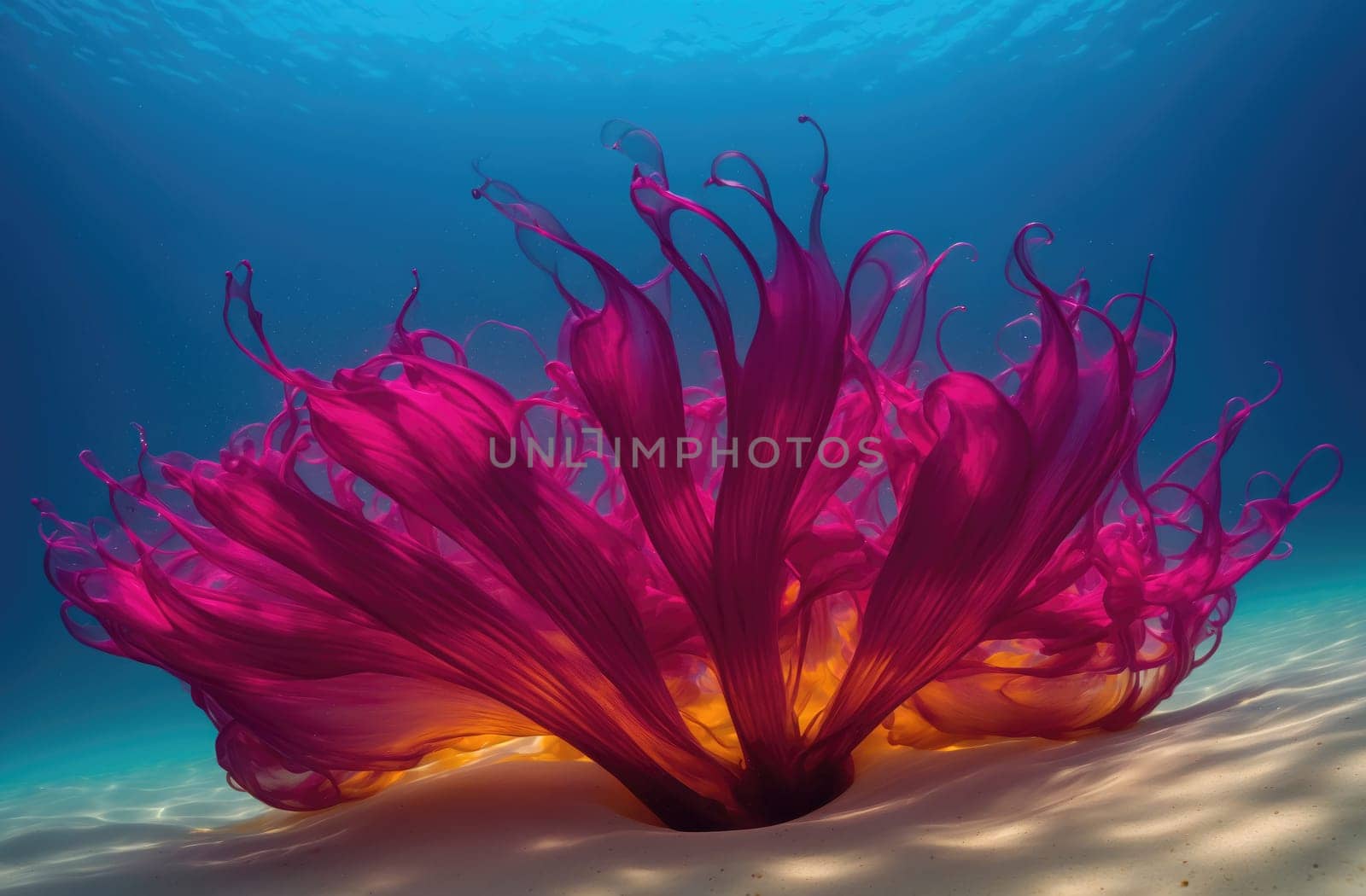 A bright pink seaweed with a yellow center sits on a white sandy ocean floor. The seaweed has a flowing, delicate, fan-like structure, and it's being illuminated by sunlight shining through the water above.