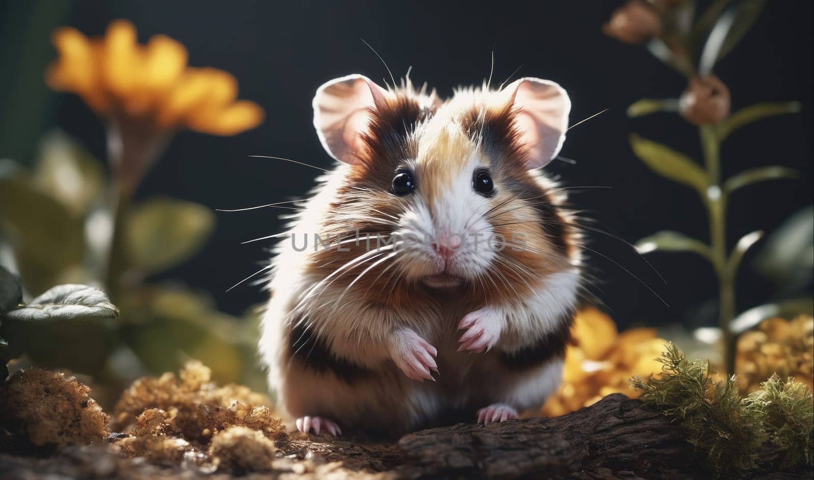 A cute hamster with brown, white, and black fur sits on a log in a garden with yellow flowers. The hamster's small paws are resting on the log, and its small black eyes are looking straight at the camera. The garden is blurry in the background, with yellow flowers and green leaves.
