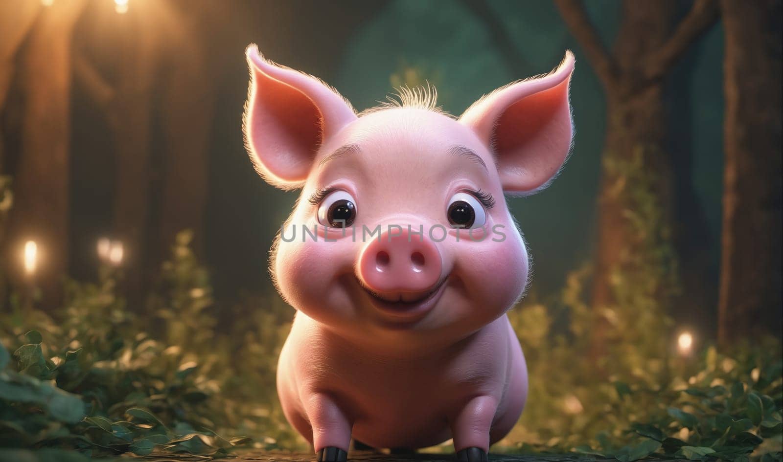 A small, pink piglet with large, brown eyes smiles at the camera. The piglet is sitting on a forest floor and has blurry trees and foliage in the background.