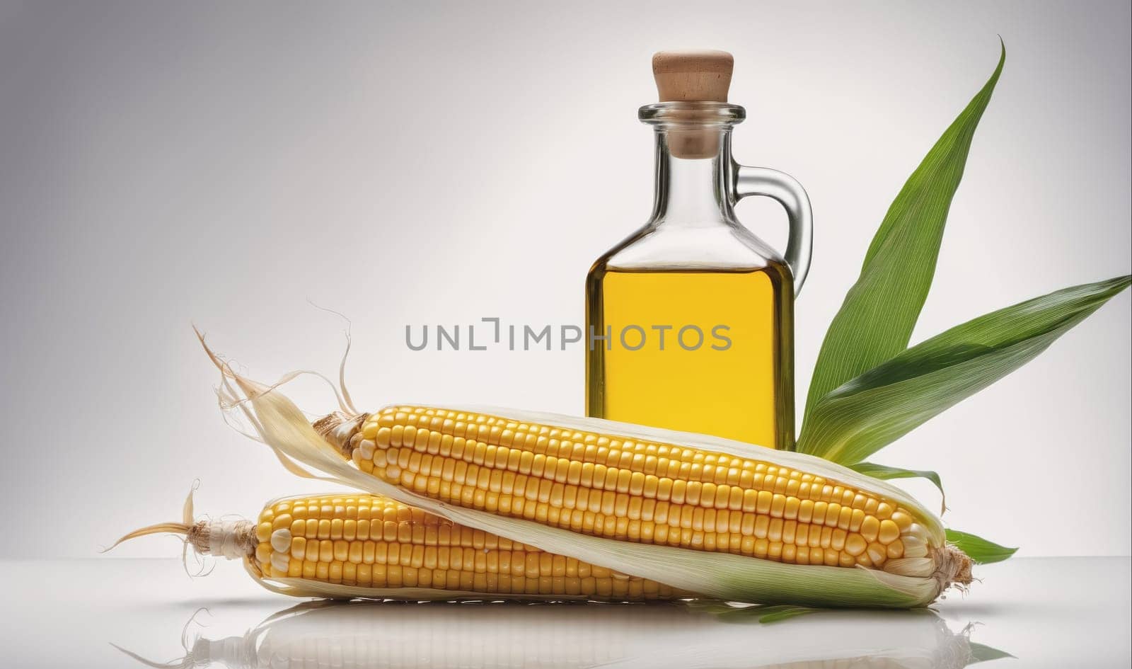 Two ears of corn are displayed on a white background next to a bottle of corn oil. The ears of corn are fresh and yellow, and the bottle of corn oil is filled with a clear, yellow liquid.