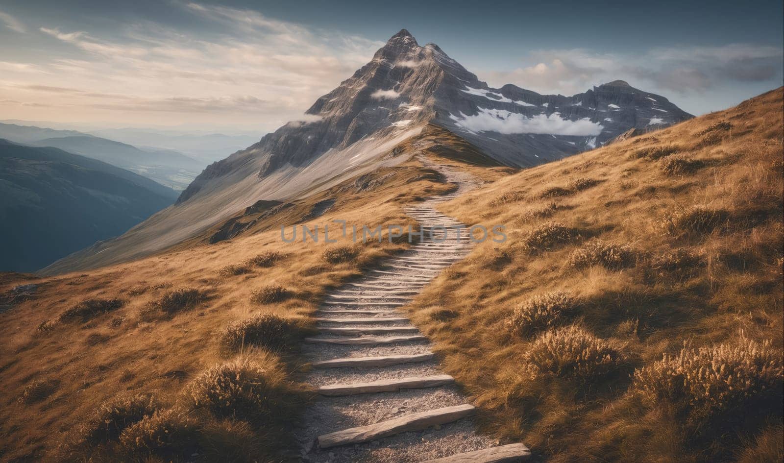 A winding stone path leads up a mountainside through tall grasses toward a snow-capped mountain peak. The sky above is cloudy with patches of blue. The sun shines through the clouds on the mountain peak and casts shadows across the hillside.
