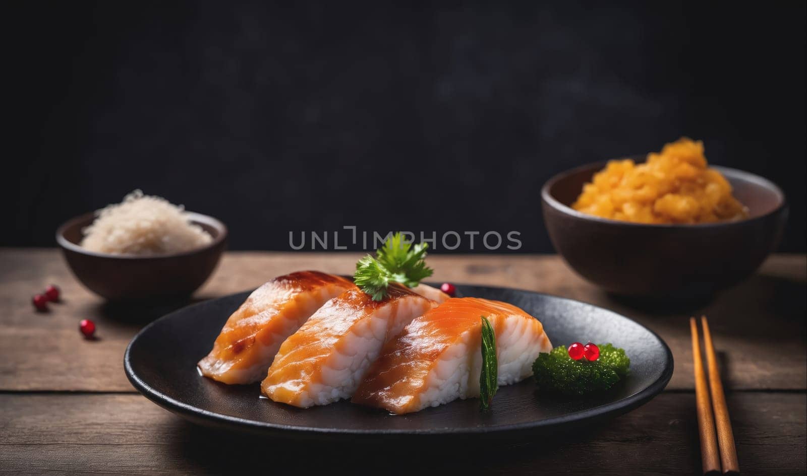 A close-up image of three pieces of salmon sushi sitting on a black plate with a sprig of cilantro. The sushi is topped with a sweet and savory glaze and served with a side of rice. A bowl of rice and chopsticks are also visible in the background.