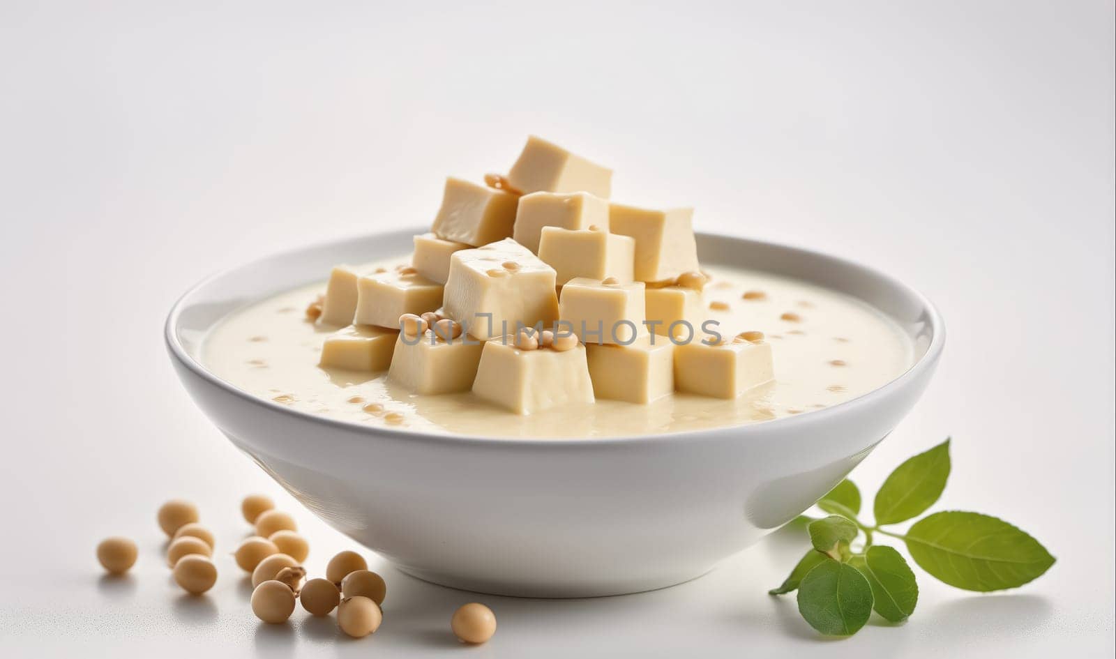 A bowl of tofu and soy milk is on a white surface with soy beans and a sprig of green leaves. The tofu is cubed and the soy milk is a creamy white color. The bowl is white and round. The soy beans are scattered around the bowl. The leaves are green and are on the right side of the image.