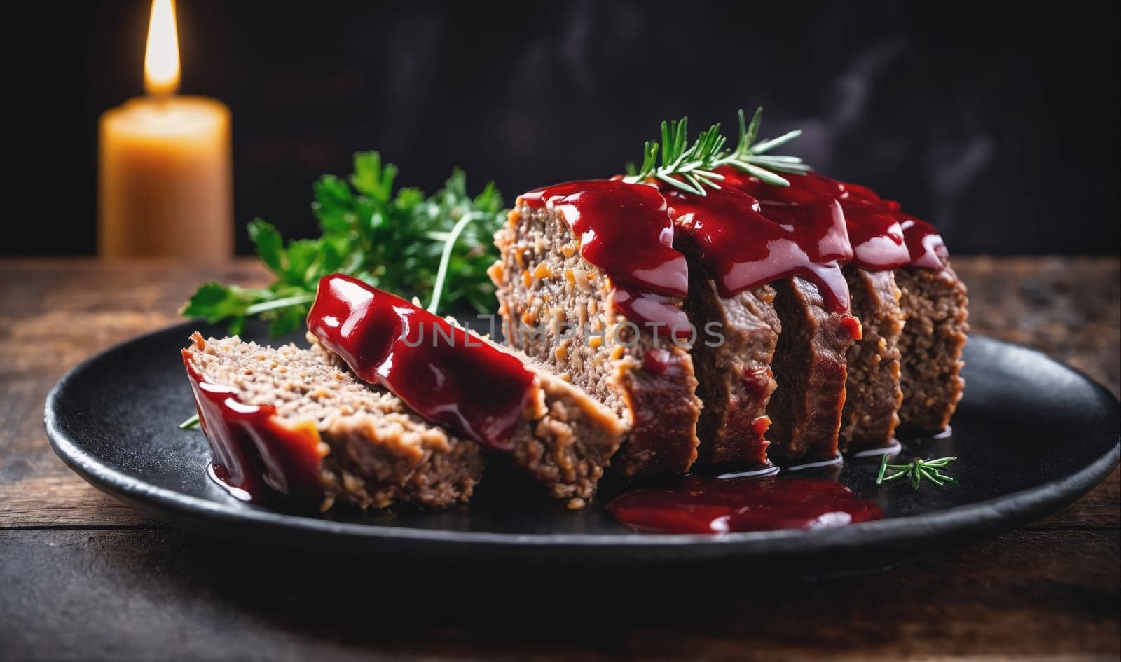 A sliced meatloaf with red gravy is on a black plate with a sprig of rosemary on top. The meatloaf is on a wooden table and there is a candle in the background.
