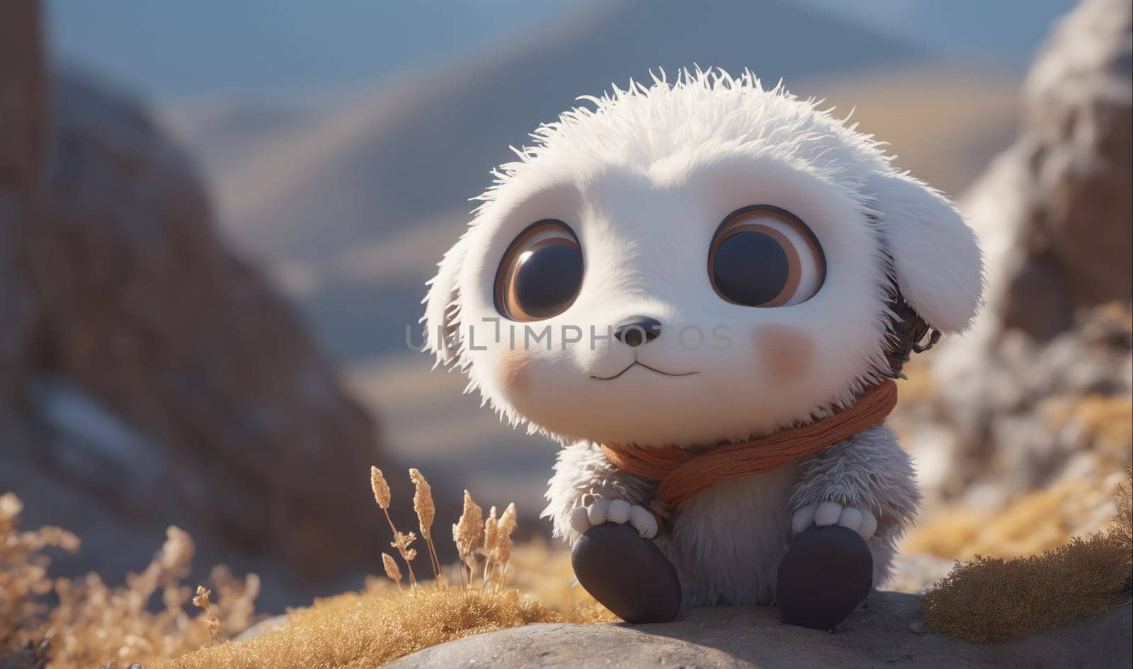 A white, furry creature with large, dark eyes sits on a rock. The creature is small and has a long, bushy tail. It is wearing a brown scarf around its neck. The creature is sitting on a rock in a field with dry grass and a large rock in the background. The sky is blue and sunny.