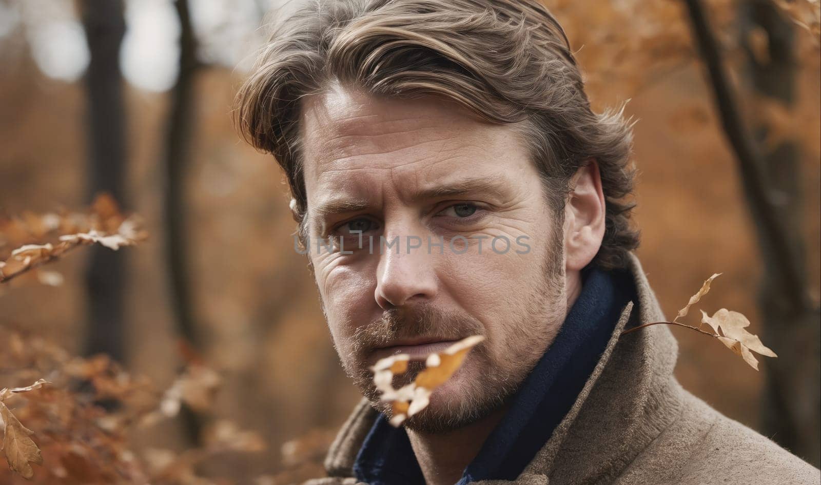 A man with brown hair and a beard is standing in a forest. He is wearing a brown jacket and a blue scarf. The trees are bare and the leaves are brown.