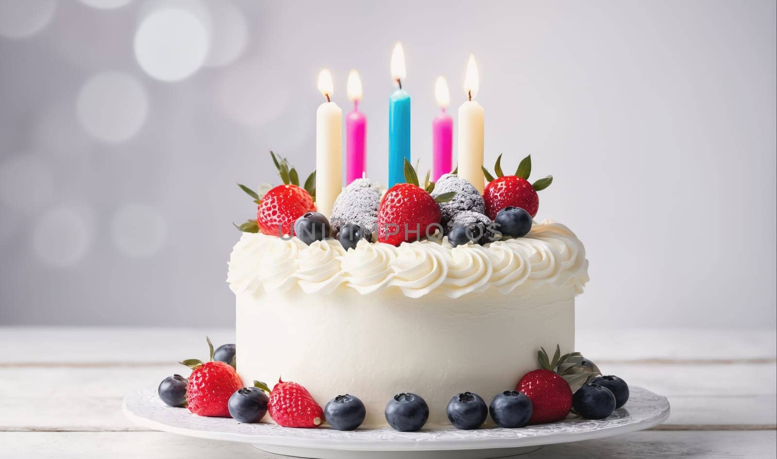 A white cake with white frosting is decorated with fresh strawberries, blueberries, and powdered sugar. The cake has five candles on top; two pink, one blue, and two white. It is sitting on a white cake stand and a white table. The background is a blurred white with light reflections.