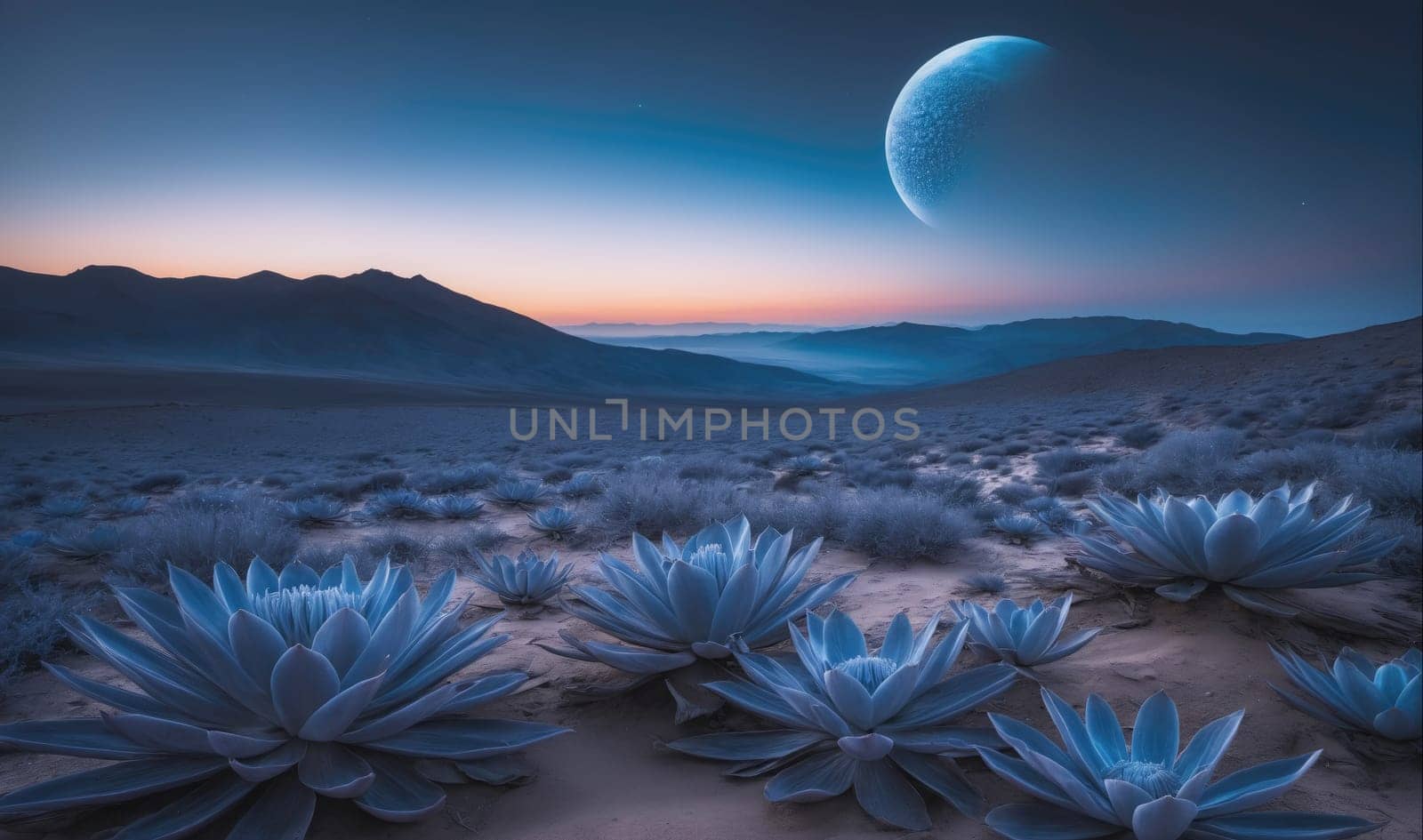 The image depicts a vast, desolate landscape with mountains in the distance. The sky is a deep blue, and the ground is covered in sand and a field of blue flowers. A crescent moon hangs in the sky, illuminated by the setting sun.