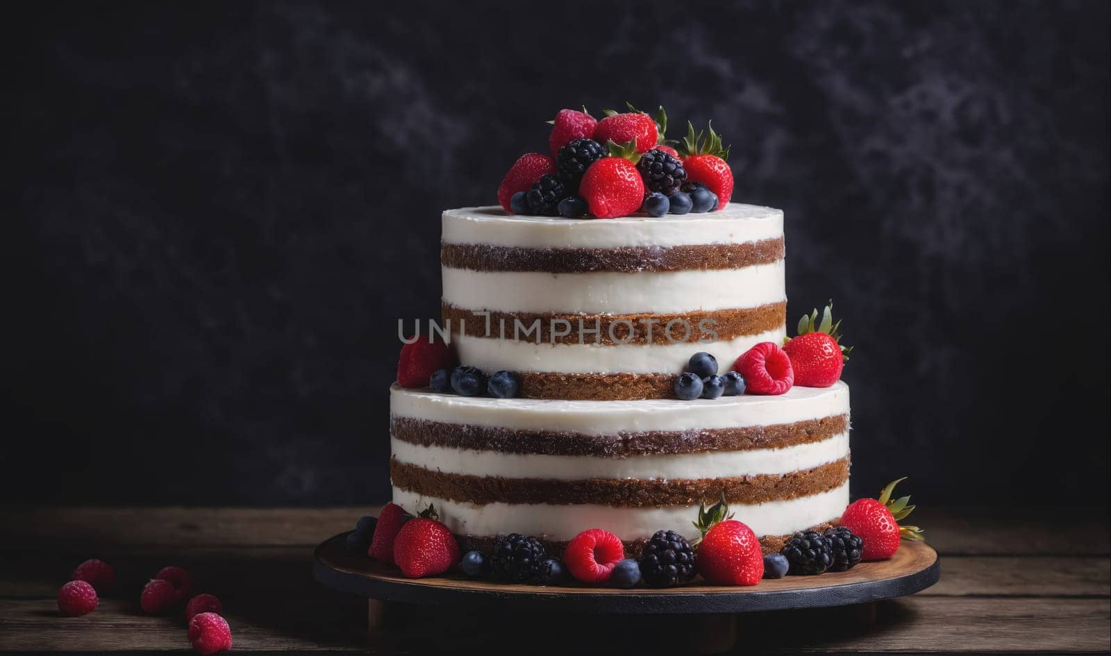 A two-tiered cake with white frosting and brown layers is decorated with fresh raspberries, blueberries, and blackberries. It is sitting on a wooden cake stand on a wooden table in front of a dark background. Some raspberries are scattered around the base of the cake stand.