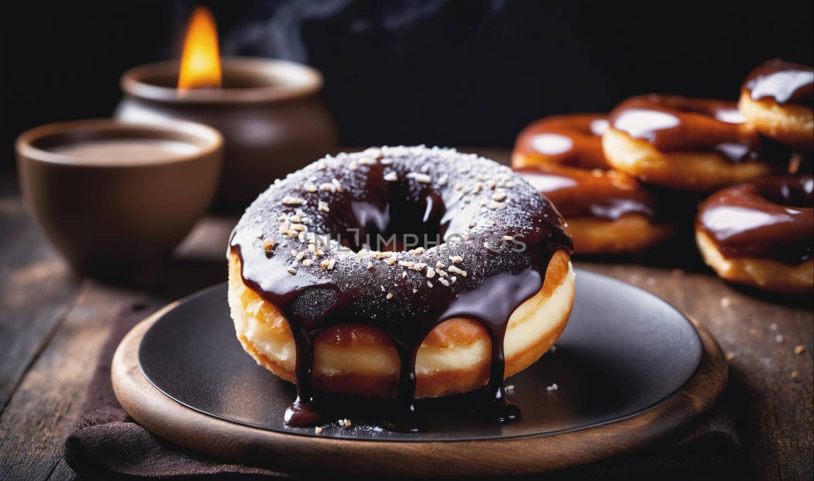 A chocolate-covered donut sits on a black plate, dusted with powdered sugar and topped with chocolate drizzle. Other chocolate-covered donuts are in the background, out of focus.