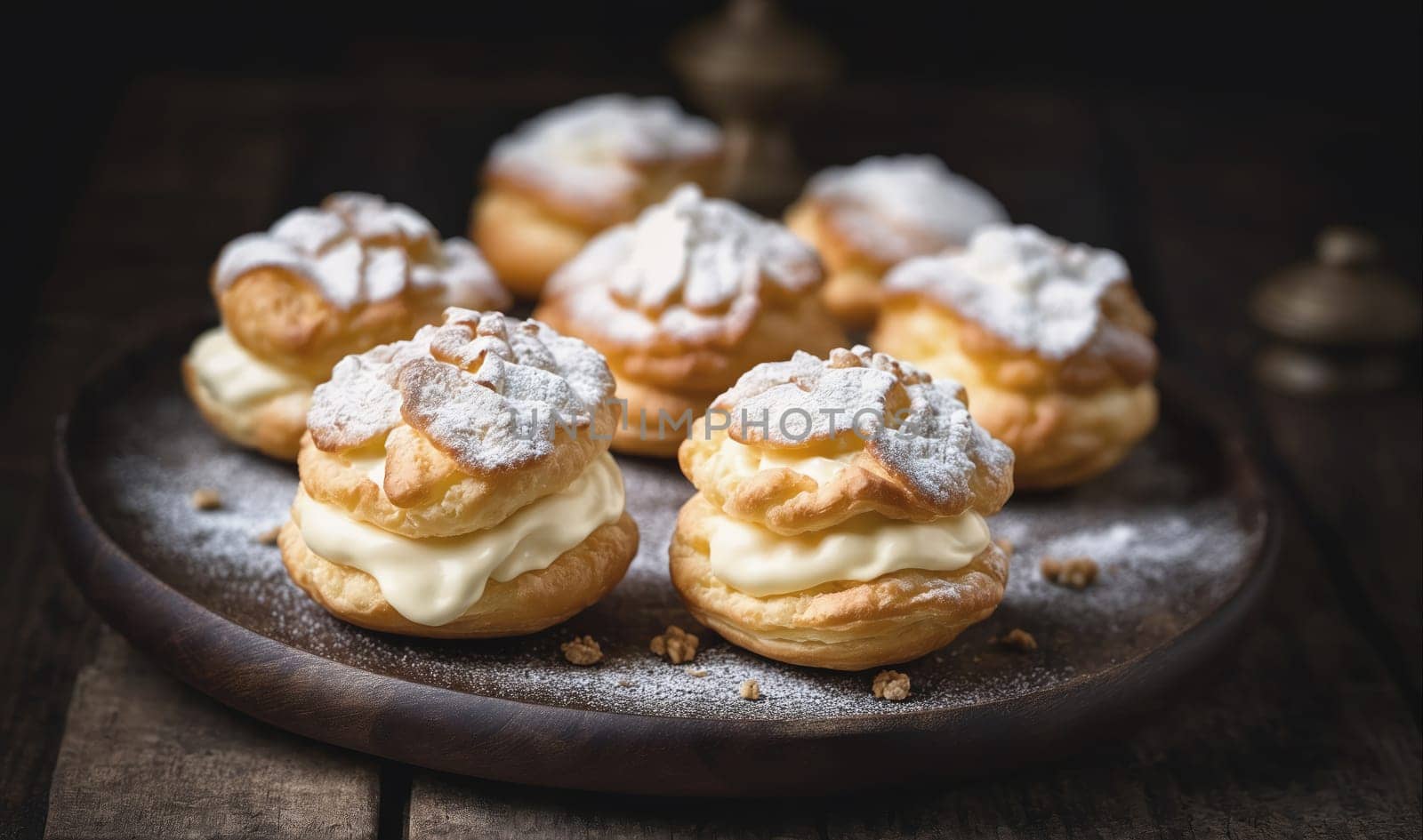 Several cream puffs are arranged on a dark grey plate. The puffs are filled with whipped cream and dusted with powdered sugar. The plate is on a dark wooden surface.