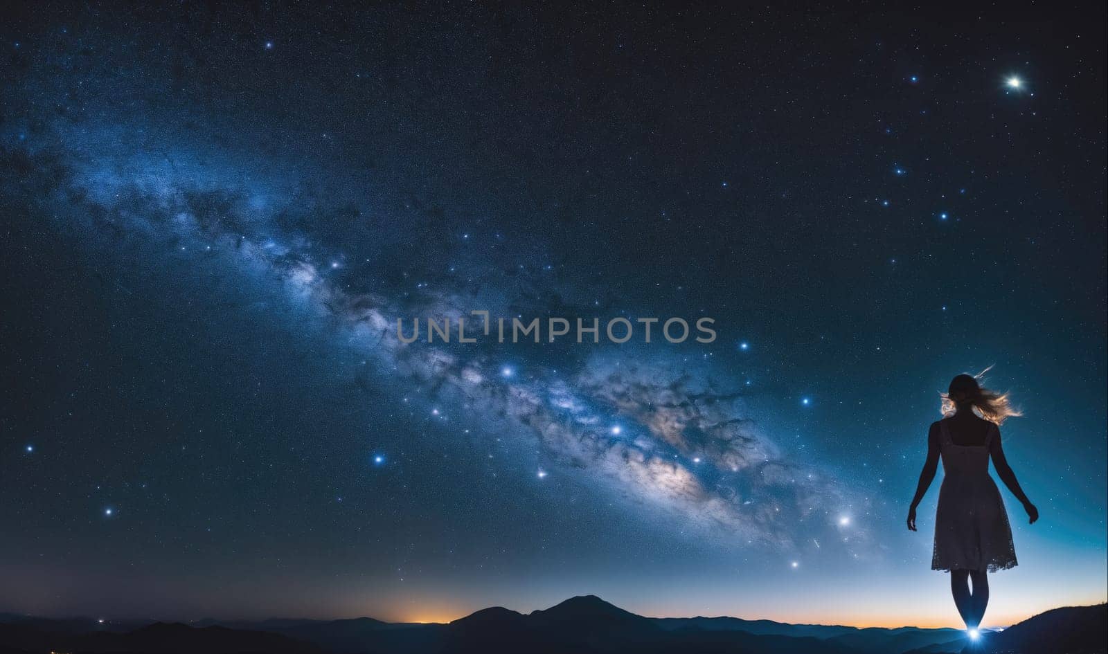 A woman stands on a hilltop, gazing up at the Milky Way, which stretches across the night sky. The woman is wearing a dress and her hair is blowing in the wind.
